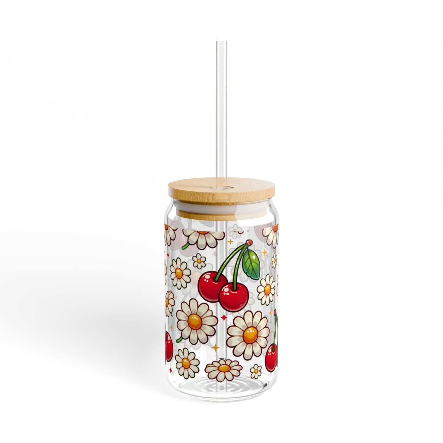 🍒🌼 Cherry & Daisy Delight Sipper Glass – Sweet Retro Fun for Every Sip 💫