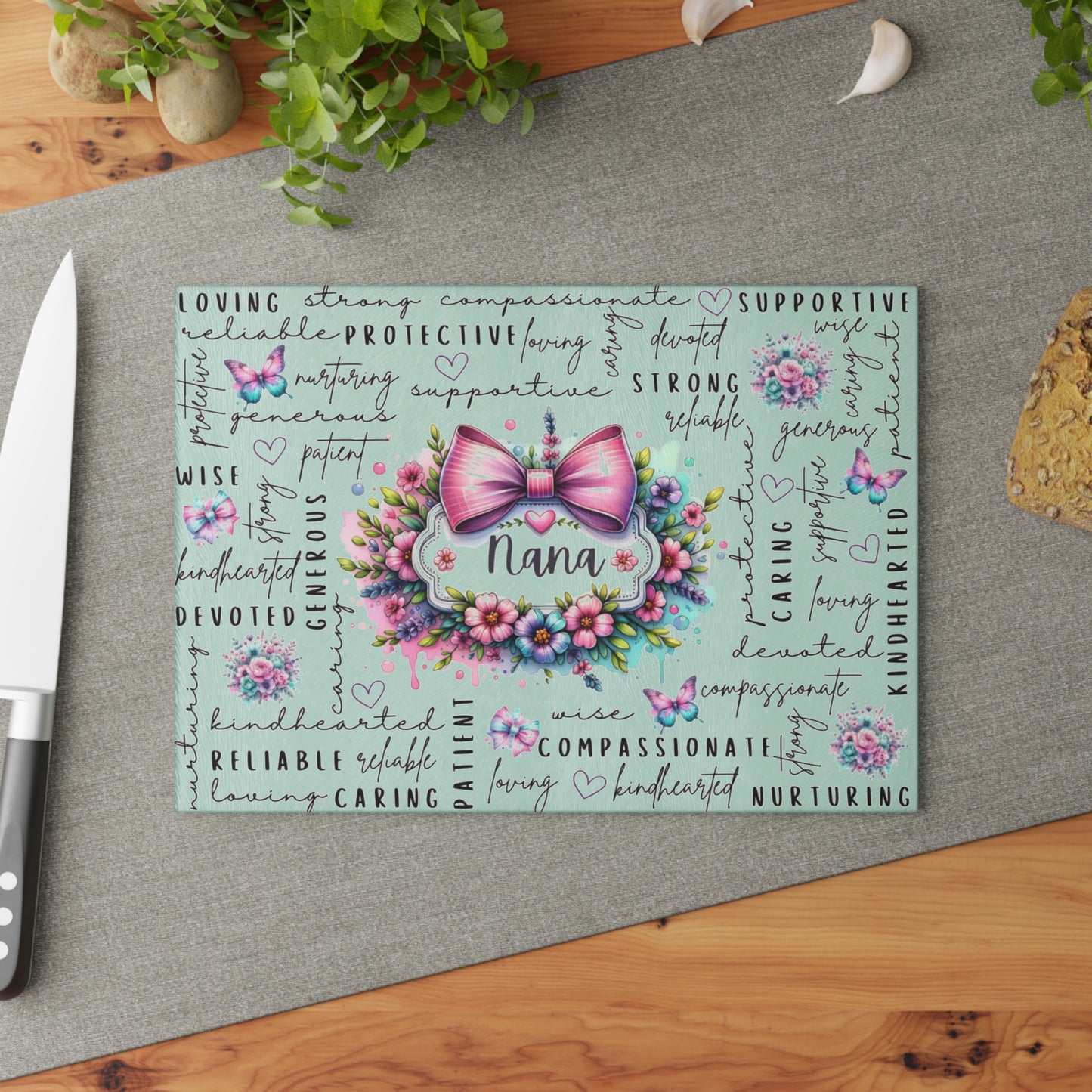 🎀🌸 Nana Bow Cutting Board – Inspirational Floral Beauty for Your Kitchen 🦋💖