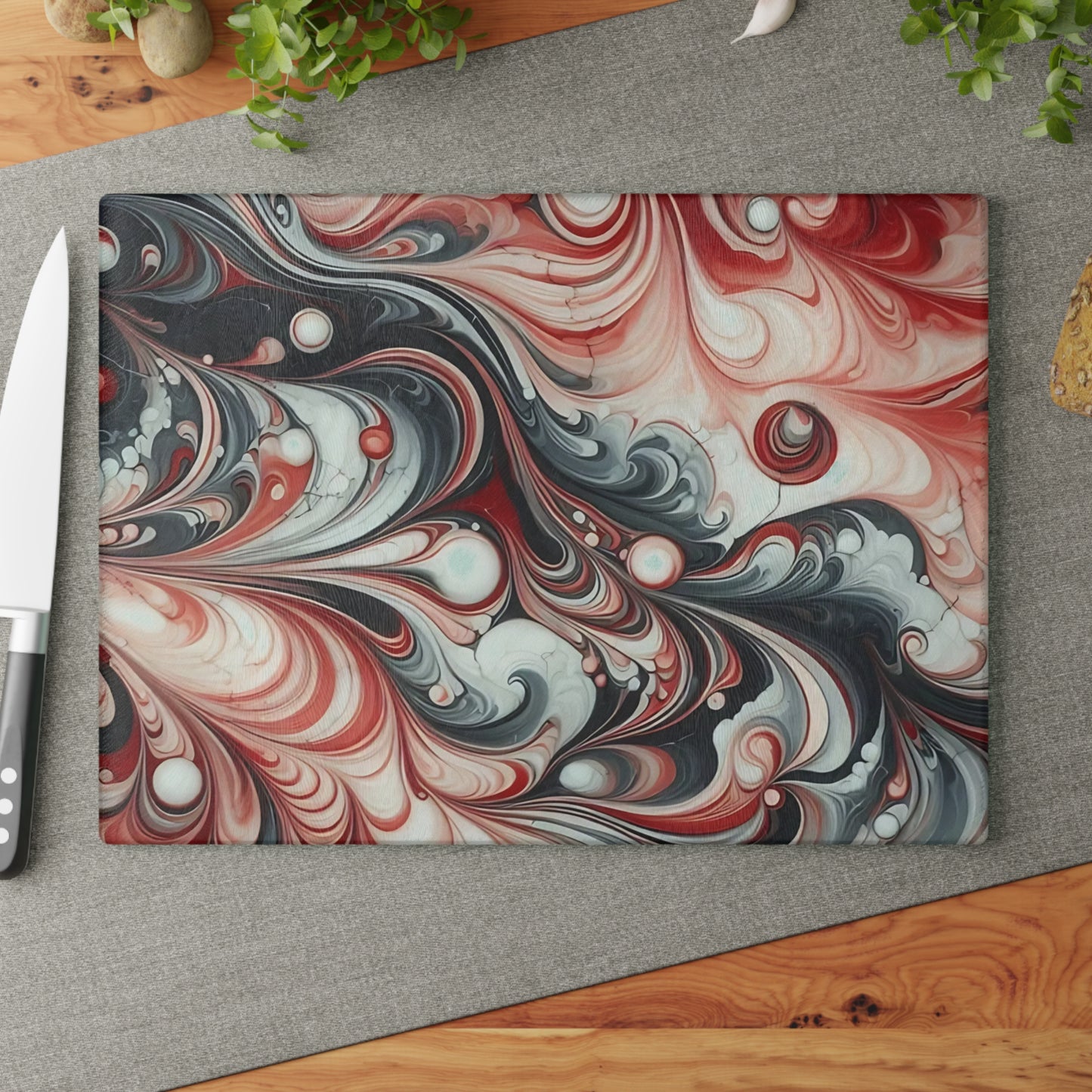Tabla de cortar de vidrio con diseño de mármol rojo, negro y blanco: decoración de cocina moderna inspirada en el mármol, un regalo elegante y funcional.