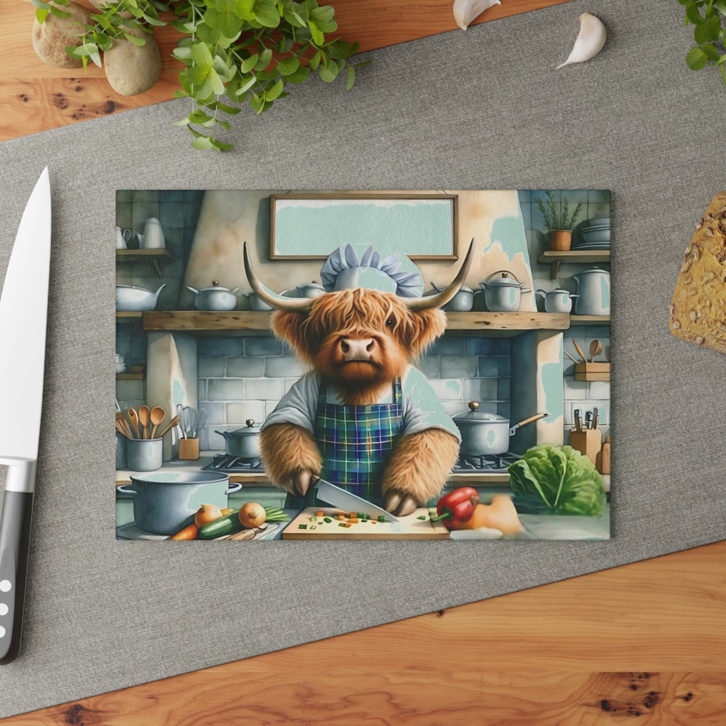 Tabla de cortar de vidrio Highland Cow Chef: decoración divertida para cocinas de estilo rústico
