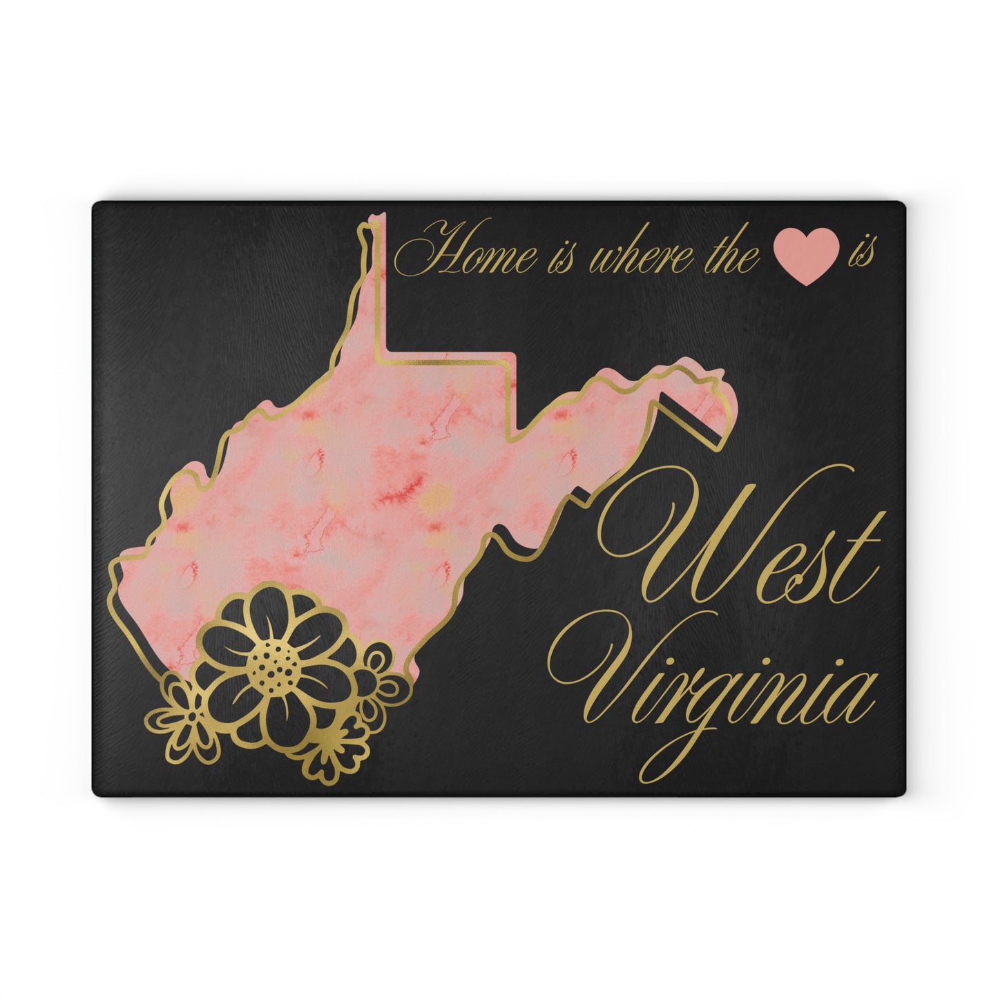 🏡 West Virginia Floral State Cutting Board – “Home is Where the Heart Is” in Blush & Gold 🌸