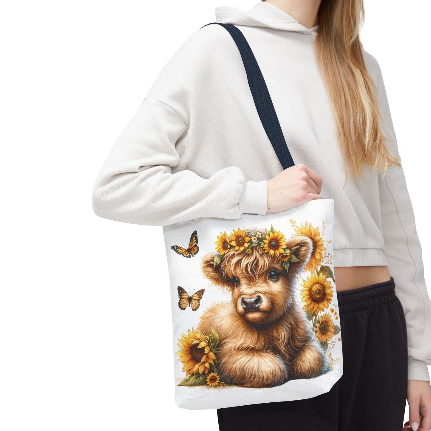 🌻 Sunflower Crown Highland Calf Tote Bag – Country Charm & Butterfly Bliss 🐮👜