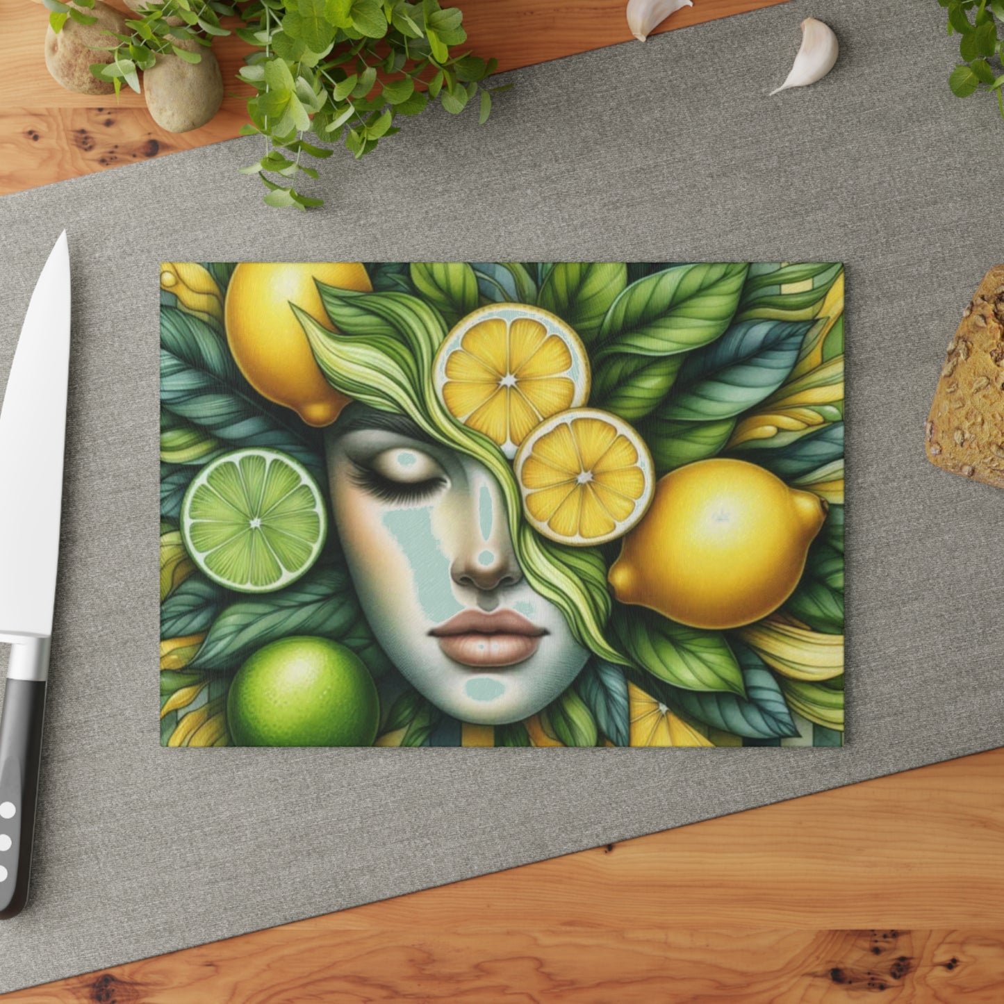 Tabla de cortar de vidrio con diseño de diosa de limón y lima: audaz, hermosa y refrescantemente única