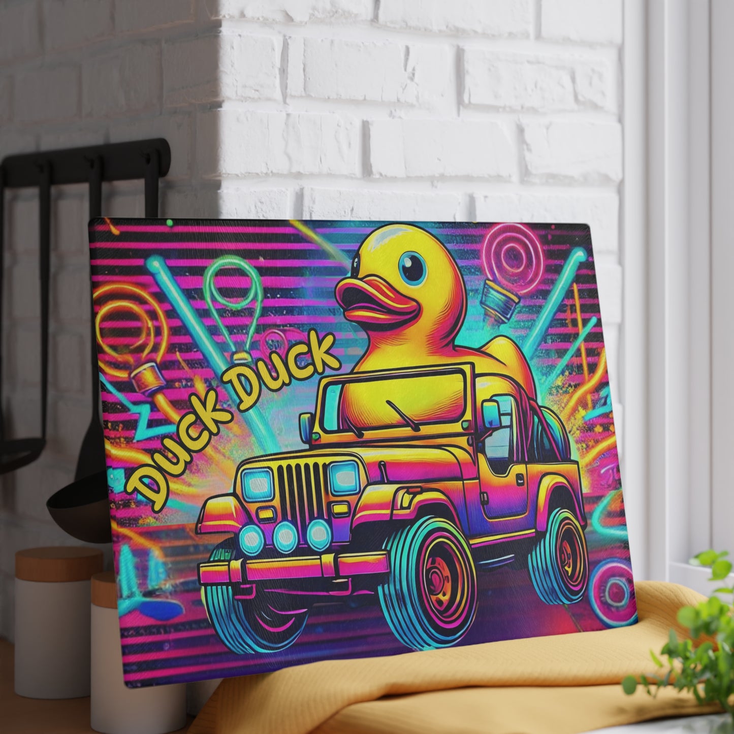 Tabla de cortar de vidrio con diseño de jeep neón y patito de goma: decoración todoterreno vibrante para la cocina, tabla de cortar para jeep, jeep neón, jeep con patito de goma