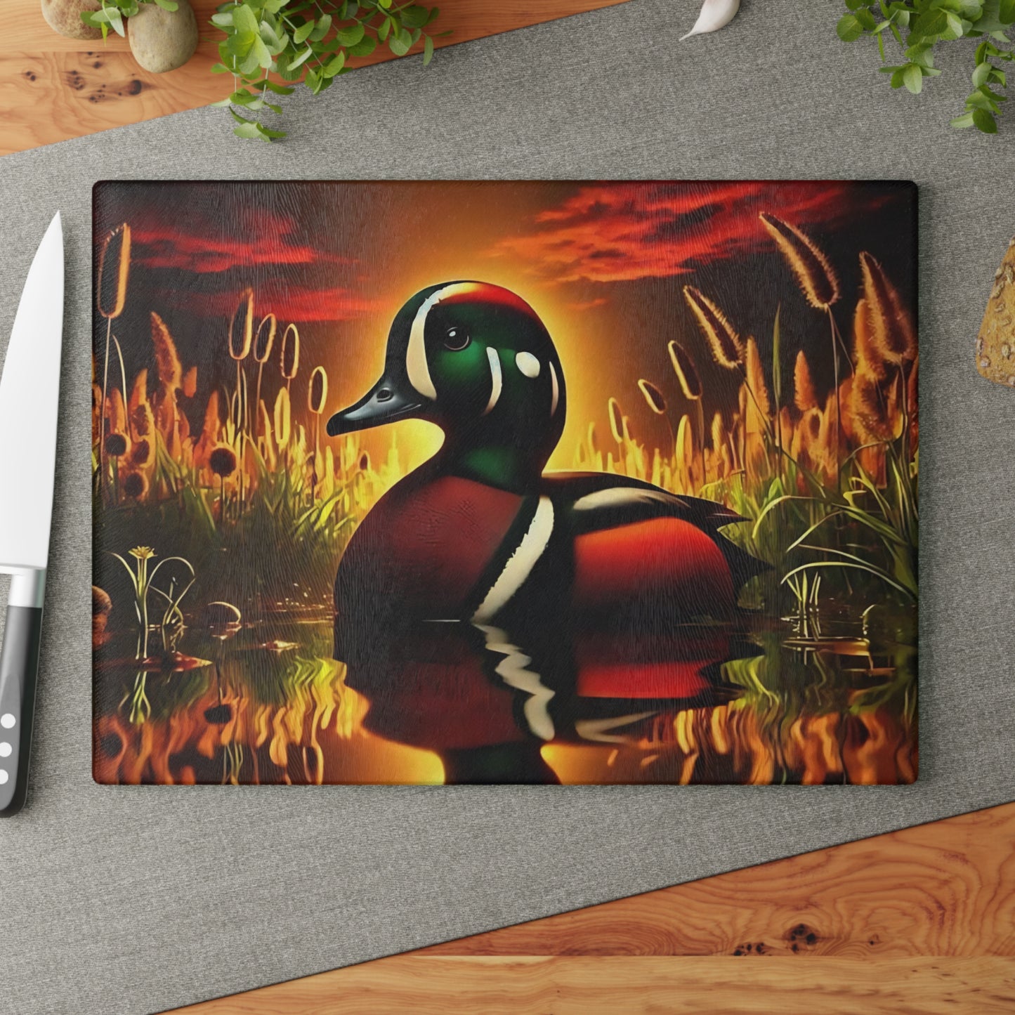 🦆 Sunset Marsh Duck Cutting Board – Vivid Waterfowl Charm for Rustic Kitchen Décor