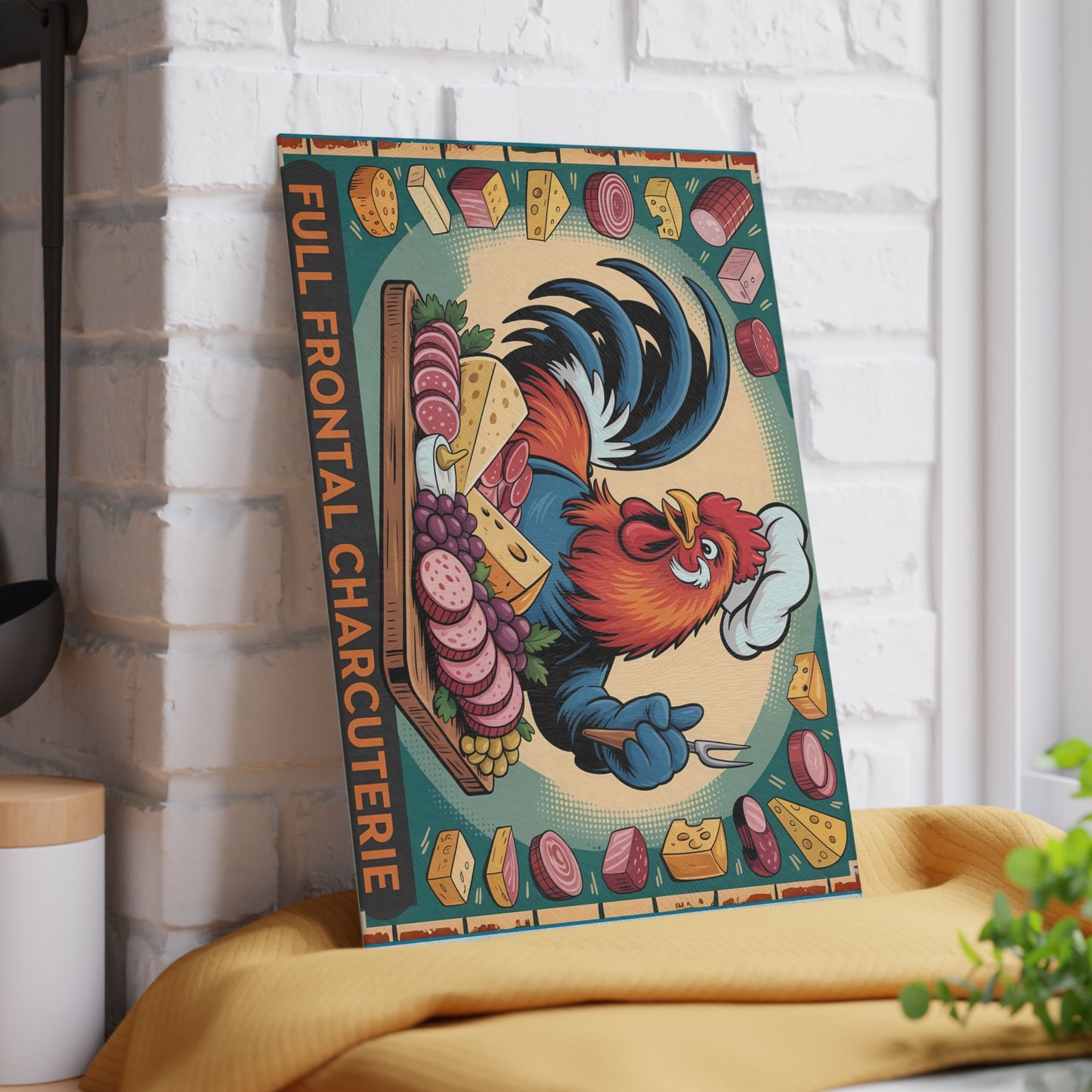 Tabla de cortar charcutería frontal completa: un divertido regalo de cocina con forma de gallo, queso y carne