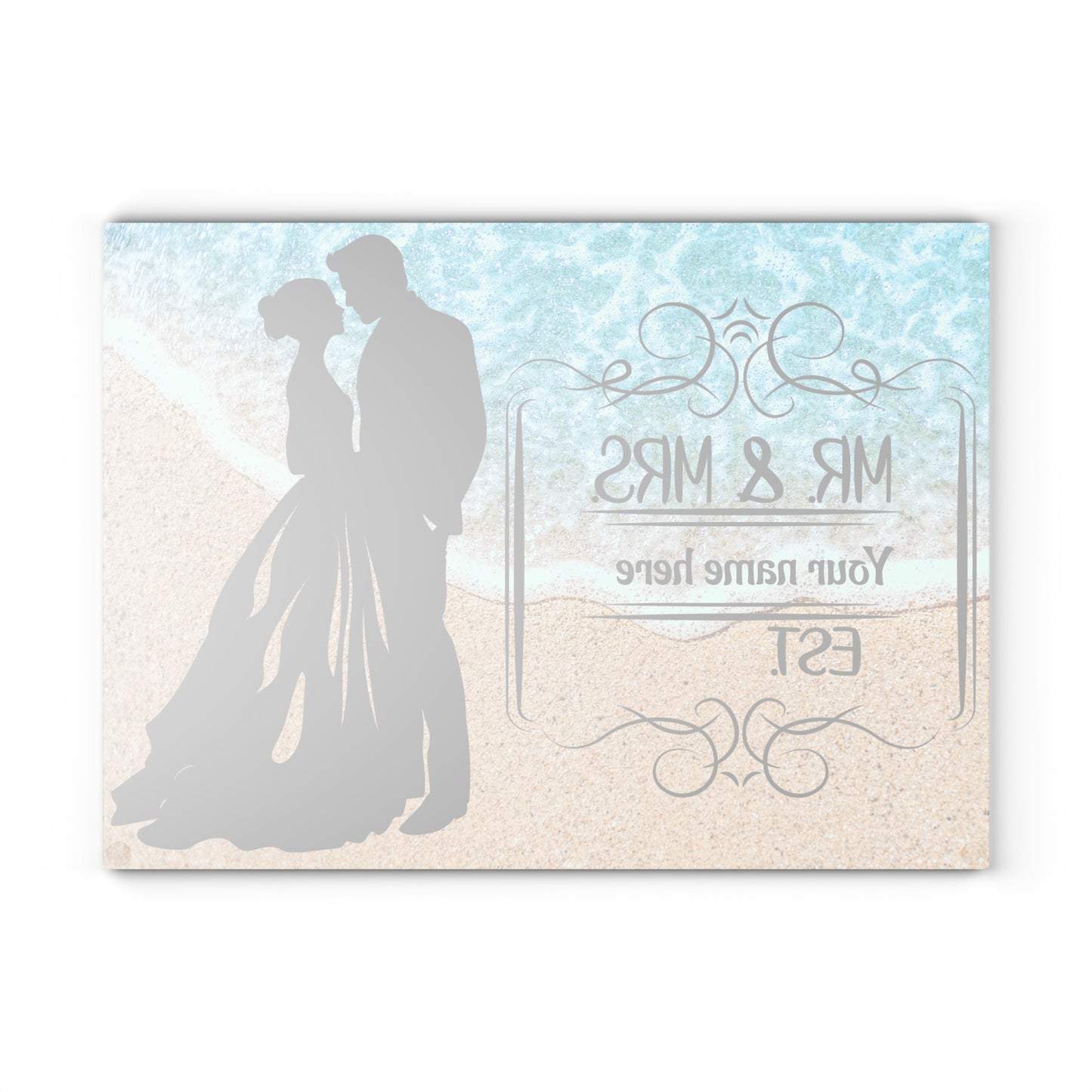Tabla de cortar "Sr. y Sra. Coastal Romance": regalo de boda personalizado con nombre y año