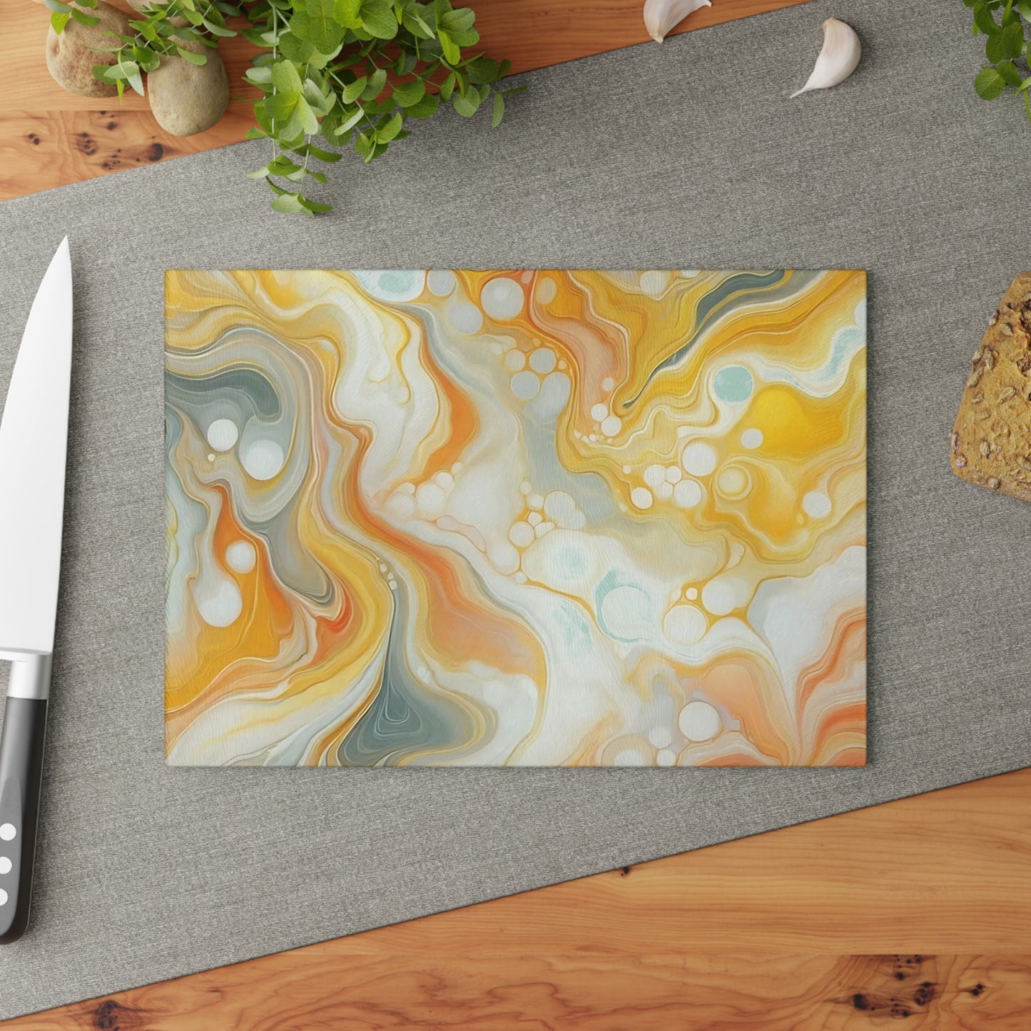 Tabla de cortar de vidrio templado con efecto mármol amarillo, gris y naranja: elegante decoración de cocina con aspecto de mármol, ideal para regalar y funcional.