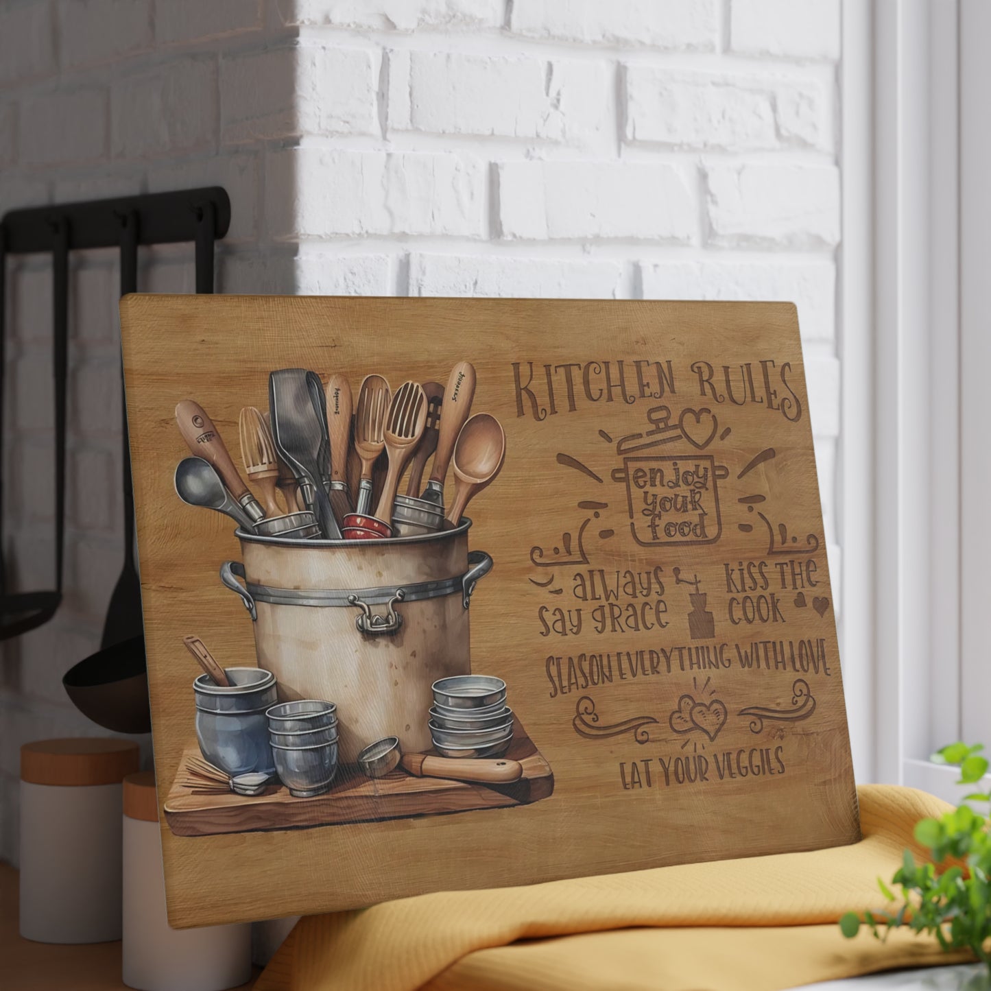 Rustic "Kitchen Rules" Glass Cutting Board – Farmhouse Kitchen Décor