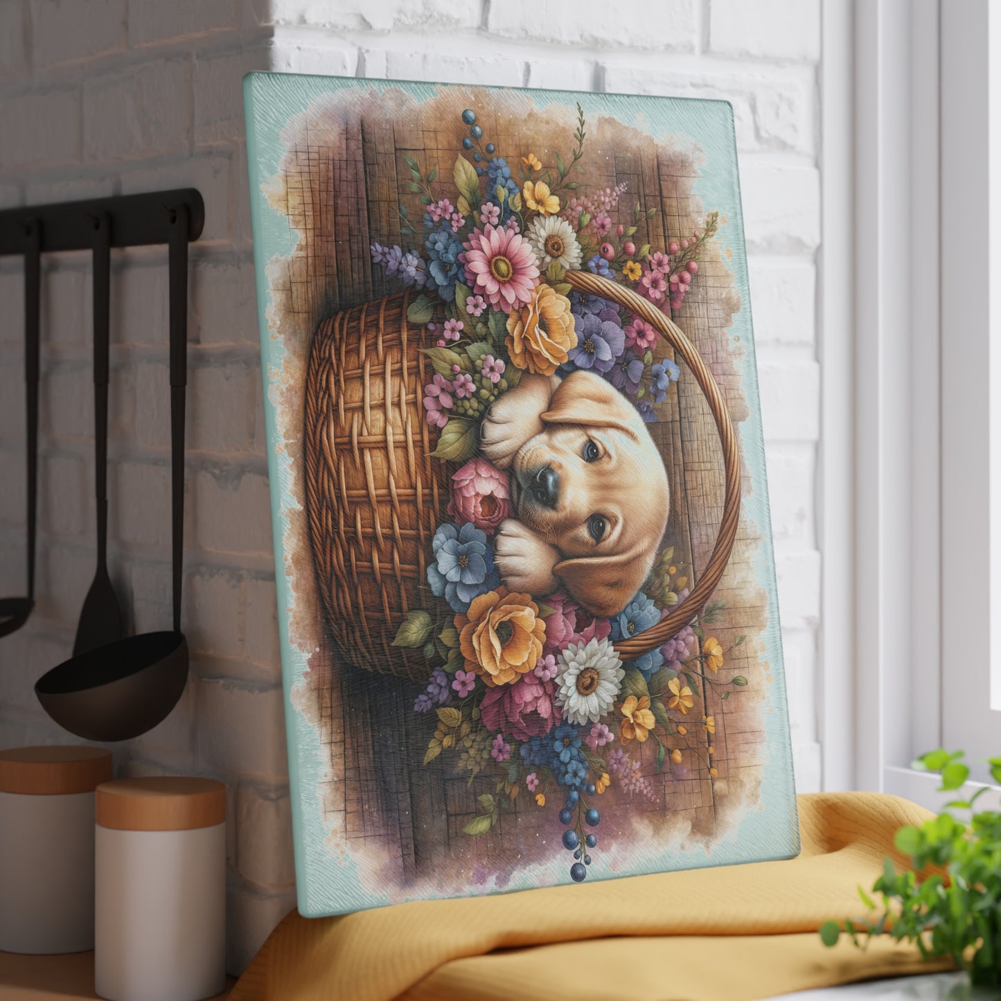 🐾🌼 Yellow Labrador Puppy in Basket Cutting Board – Rustic Charm with Floral Elegance 🌸