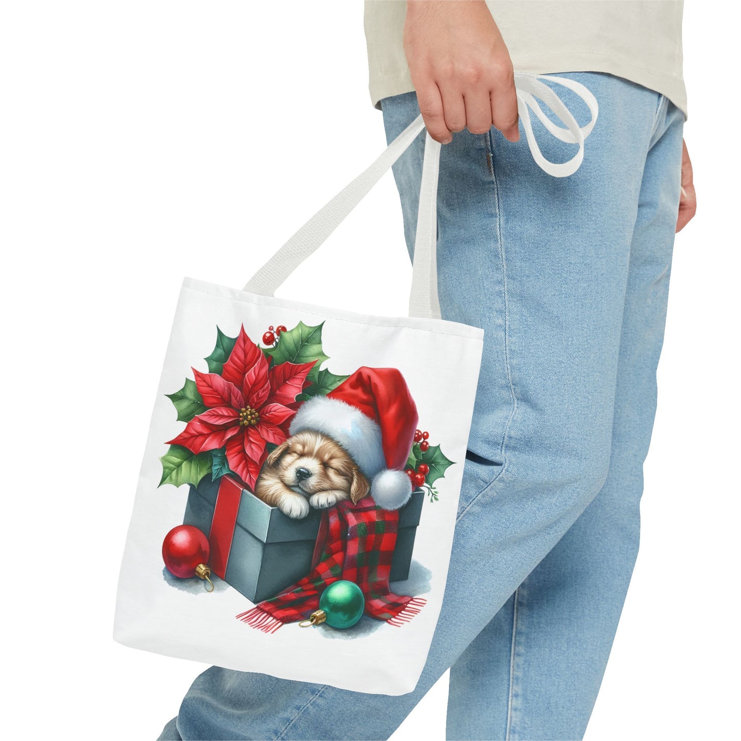 🎁 Sleeping Puppy in Gift Box Christmas Tote – Cozy Holiday Charm for Dog Lovers 🐾