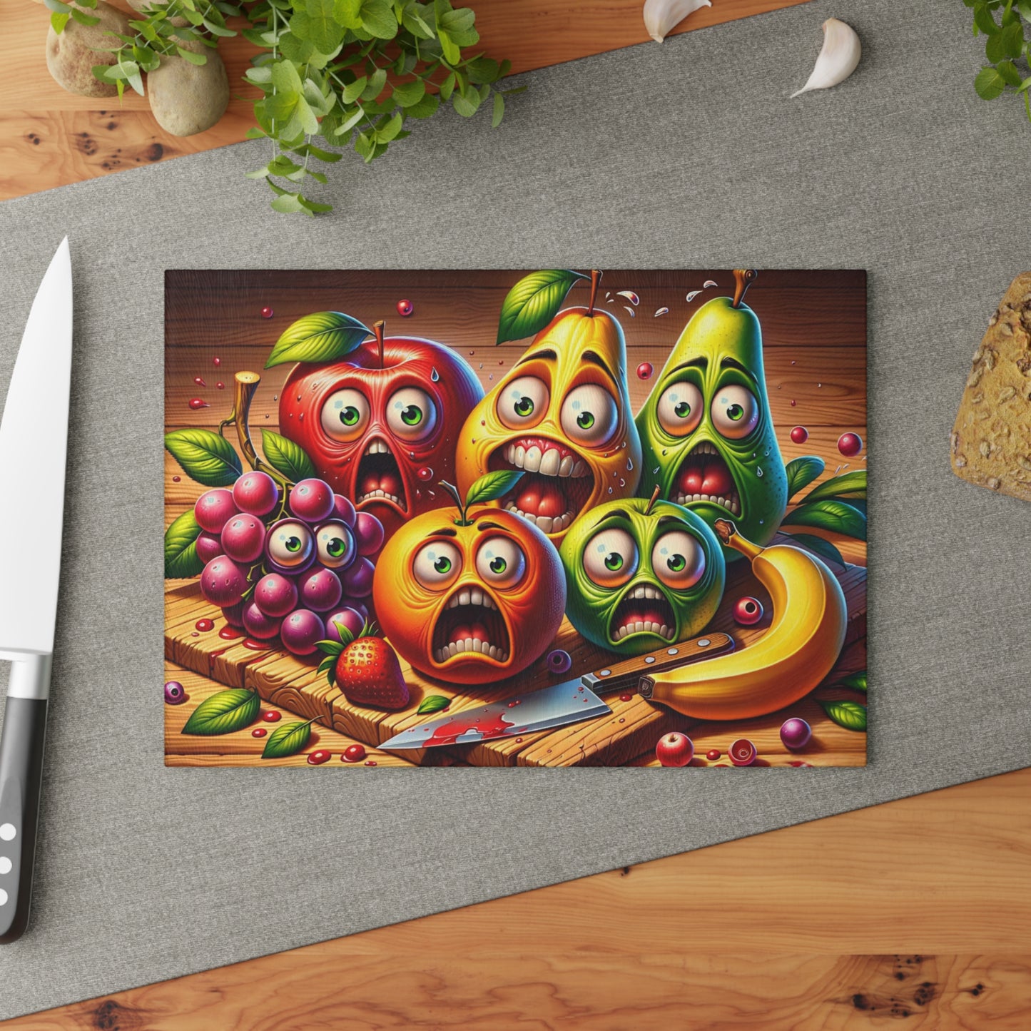 🍎🍐🍌😂 “Fruit Squad Panic” Glass Cutting Board – Silly Kitchen Laughs