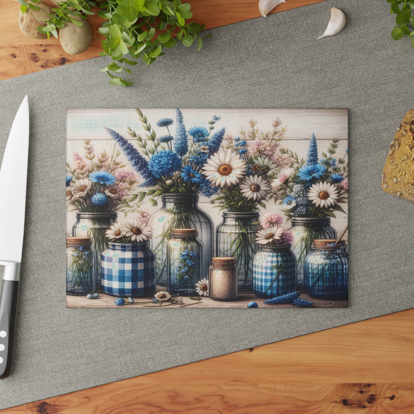 💙🌼 Blue Gingham Wildflower Mason Jar Cutting Board – Rustic Farmhouse Kitchen Charm 🌿✨