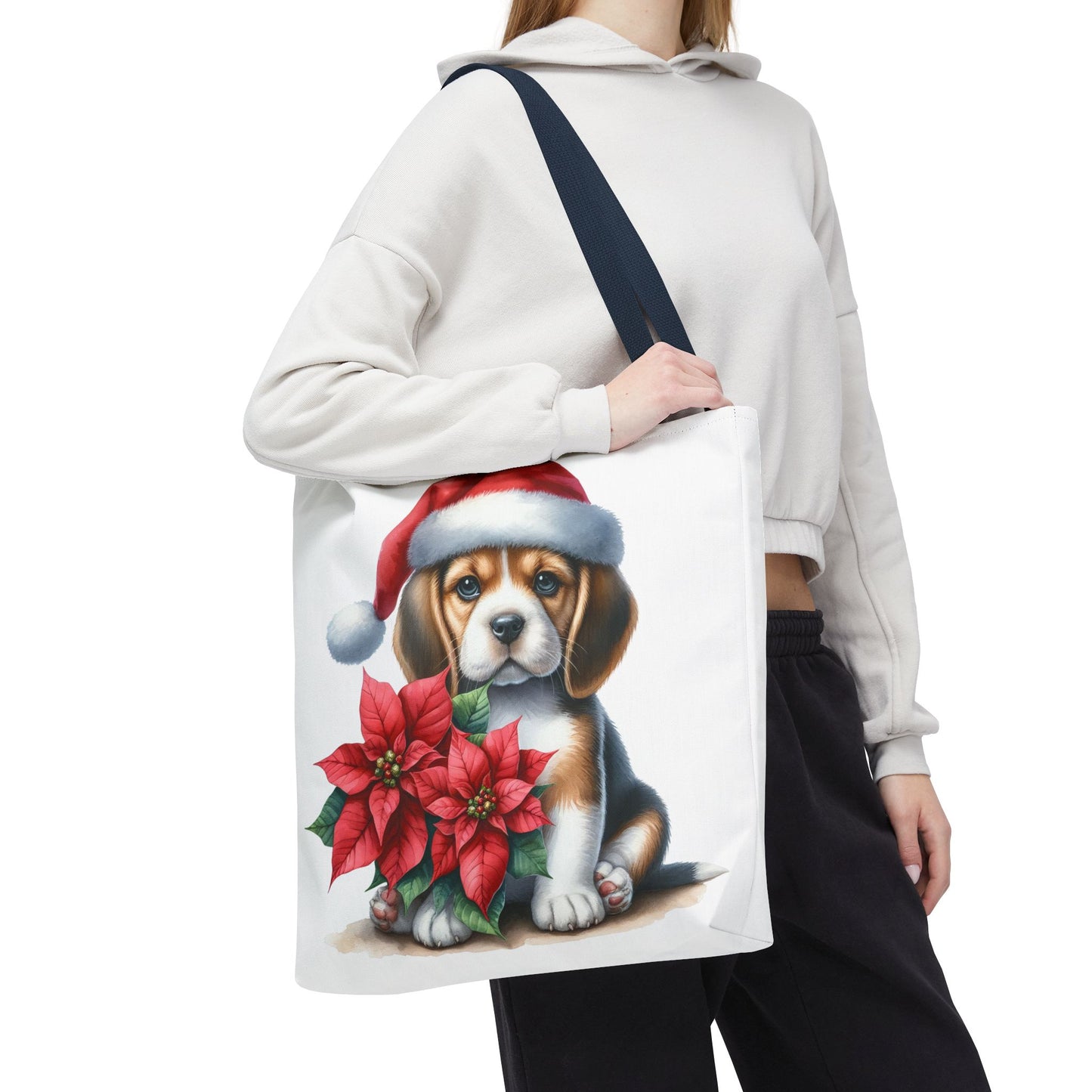 🐶 Beagle Puppy & Poinsettia Christmas Tote Bag – Sweet Holiday Charm in Every Step 🎄