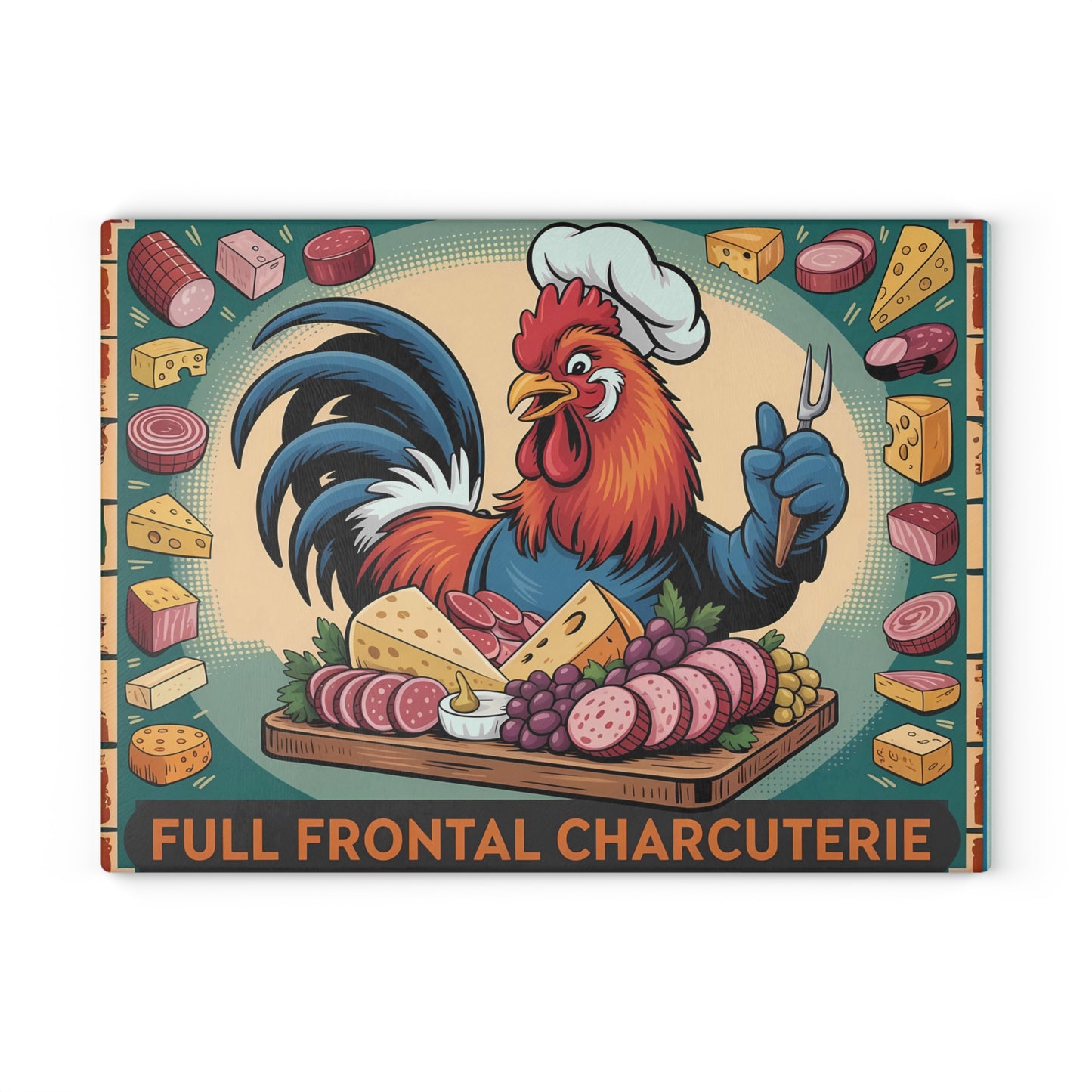 Tabla de cortar charcutería frontal completa: un divertido regalo de cocina con forma de gallo, queso y carne