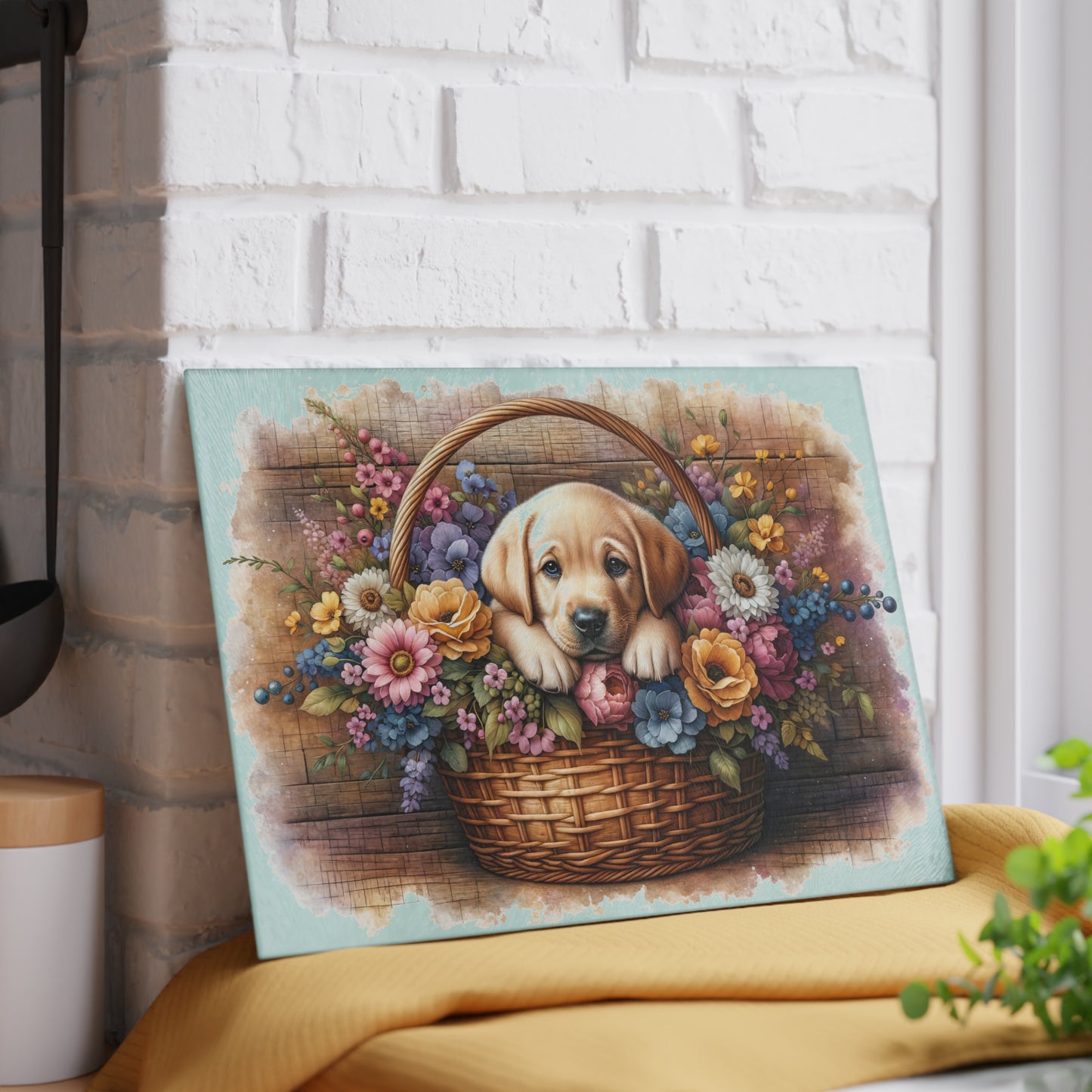 🐾🌼 Yellow Labrador Puppy in Basket Cutting Board – Rustic Charm with Floral Elegance 🌸