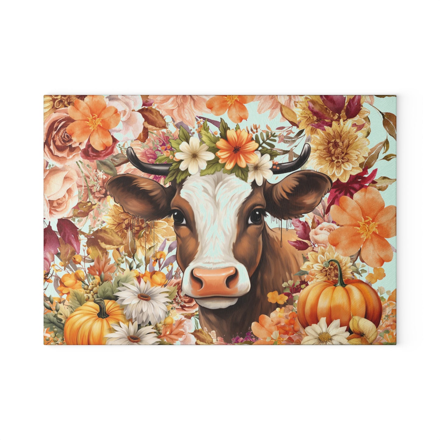 cow🐄🌸 Floral Cow with Pumpkins Cutting Board – Cozy Autumn Charm for Your Country Kitchen