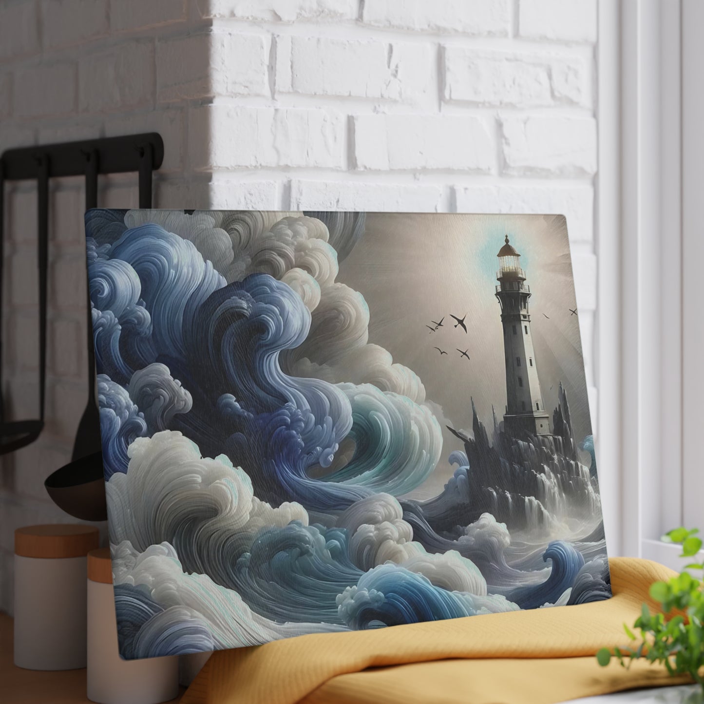 Tabla de cortar con diseño de faro, tabla de charcutería, tabla de cortar única, tabla de cortar de vidrio templado, regalo de inauguración de la casa, tabla de cortar personalizada
