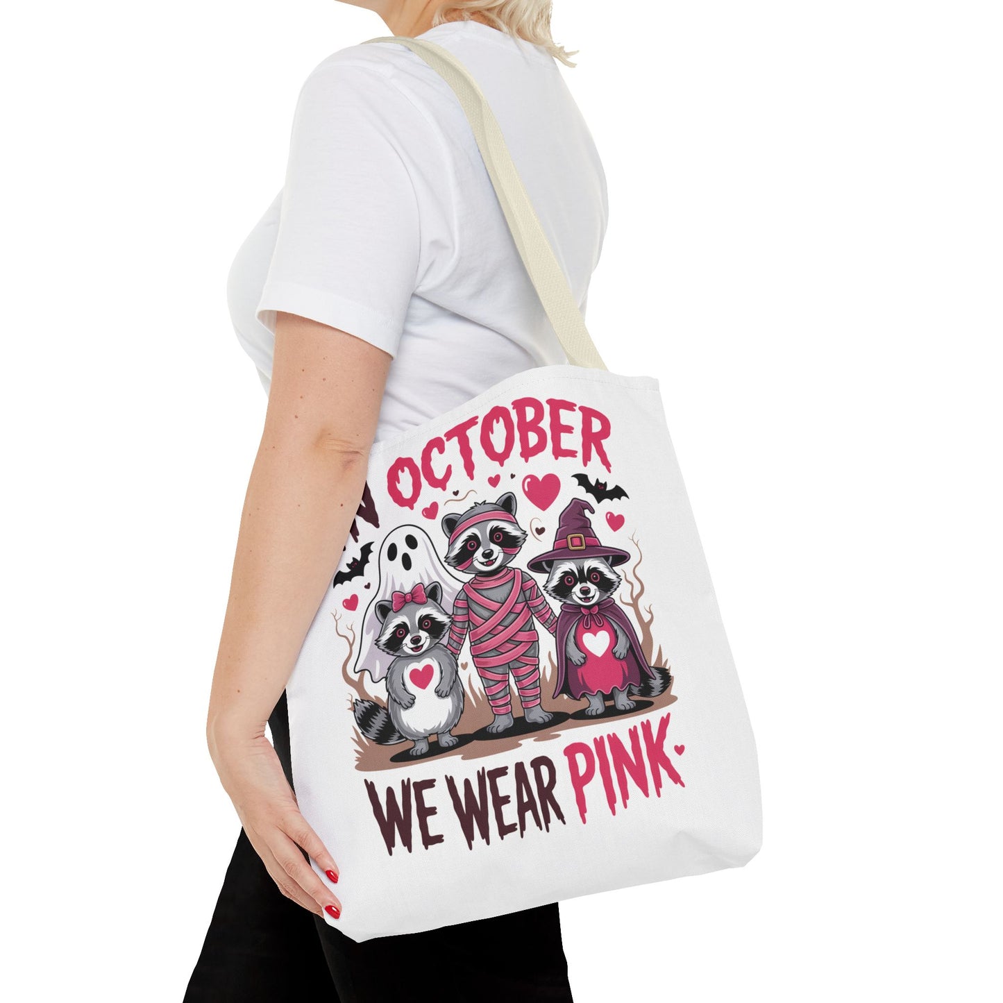 🎀 In October We Wear Pink Raccoon Halloween Tote Bag – Spooky Cute Awareness Style 🦝👜