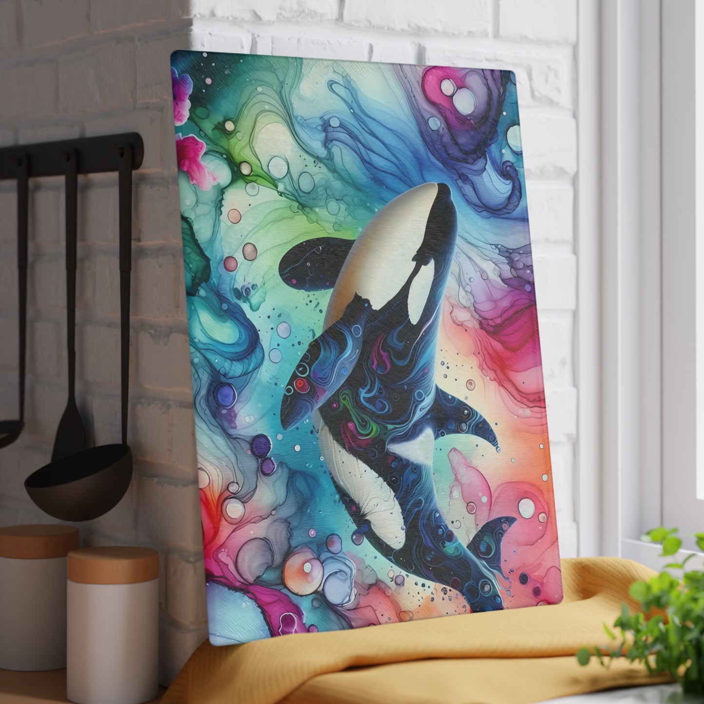 Tabla de cortar de vidrio con orca en acuarela: arte oceánico audaz para cocinas artísticas