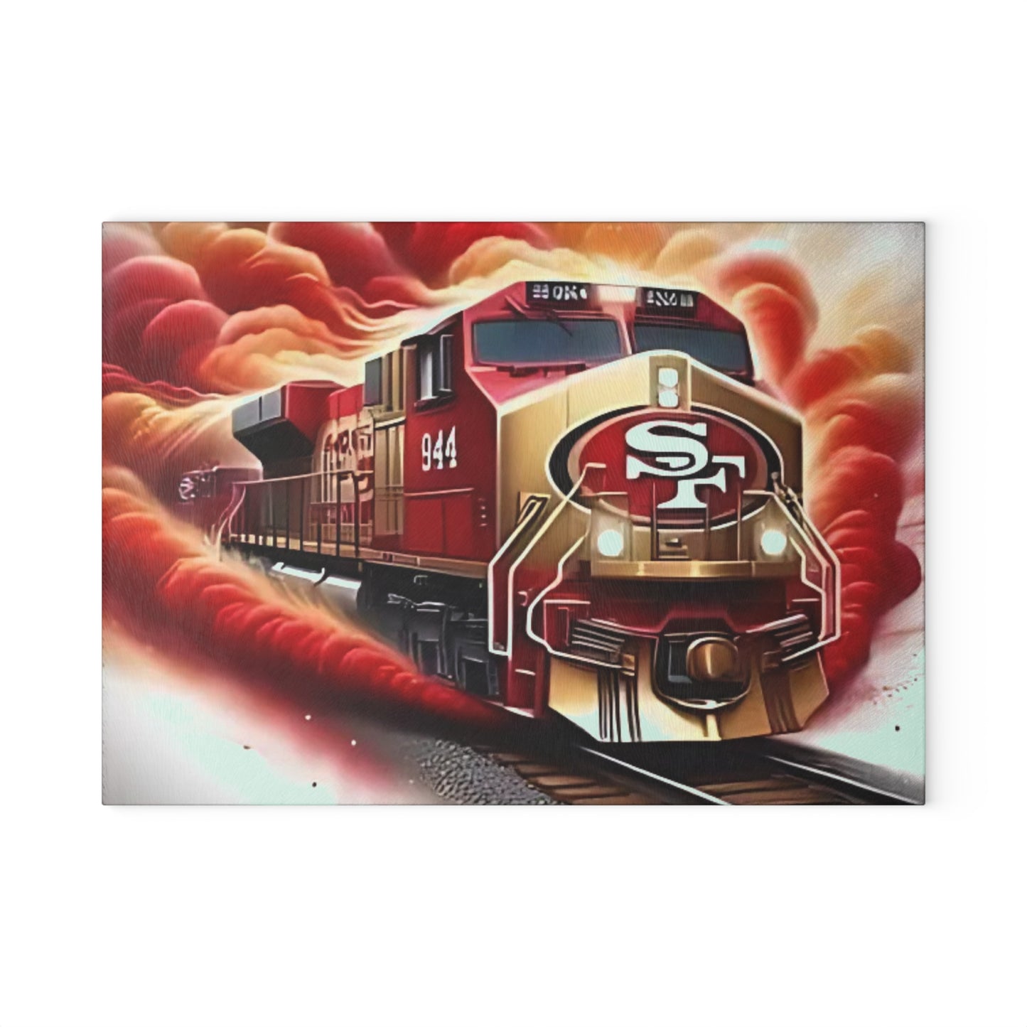 Tabla de cortar de vidrio Express roja y dorada: arte de tren de lujo para cocinas elegantes y clásicas