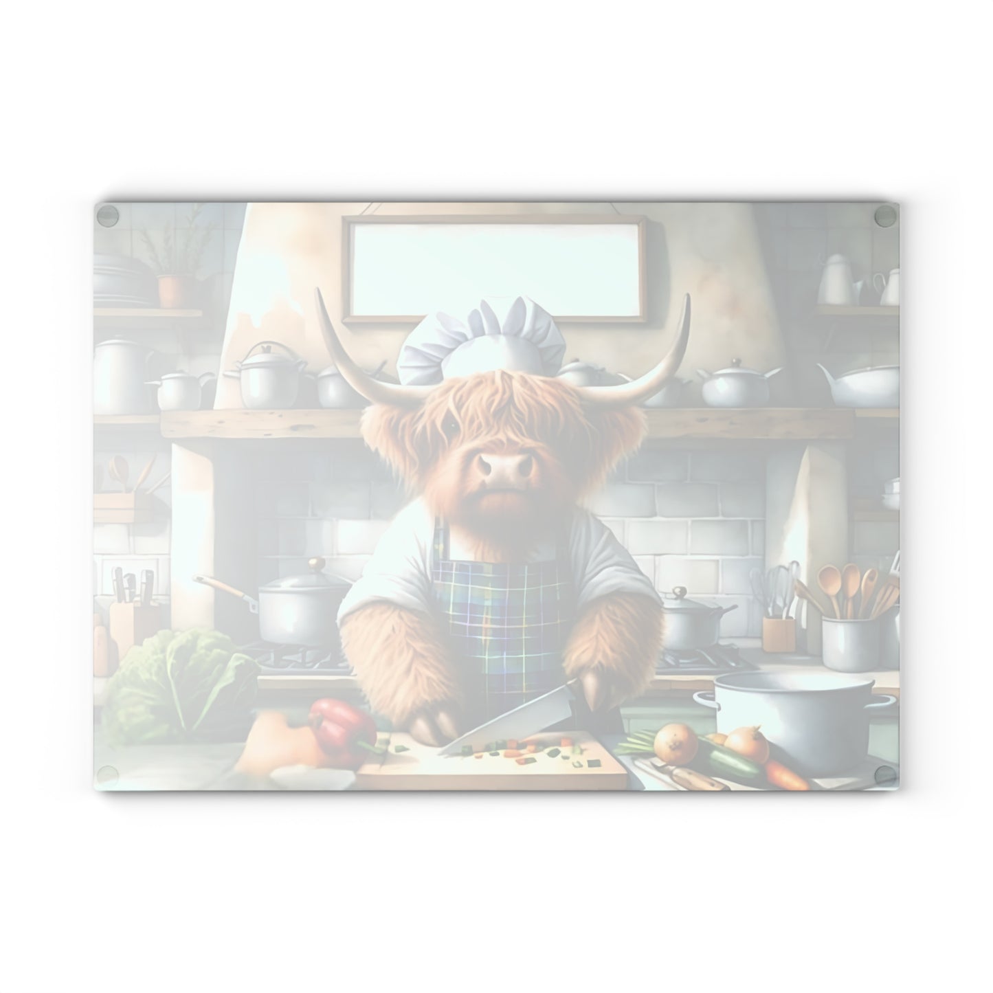 Tabla de cortar de vidrio Highland Cow Chef: decoración divertida para cocinas de estilo rústico