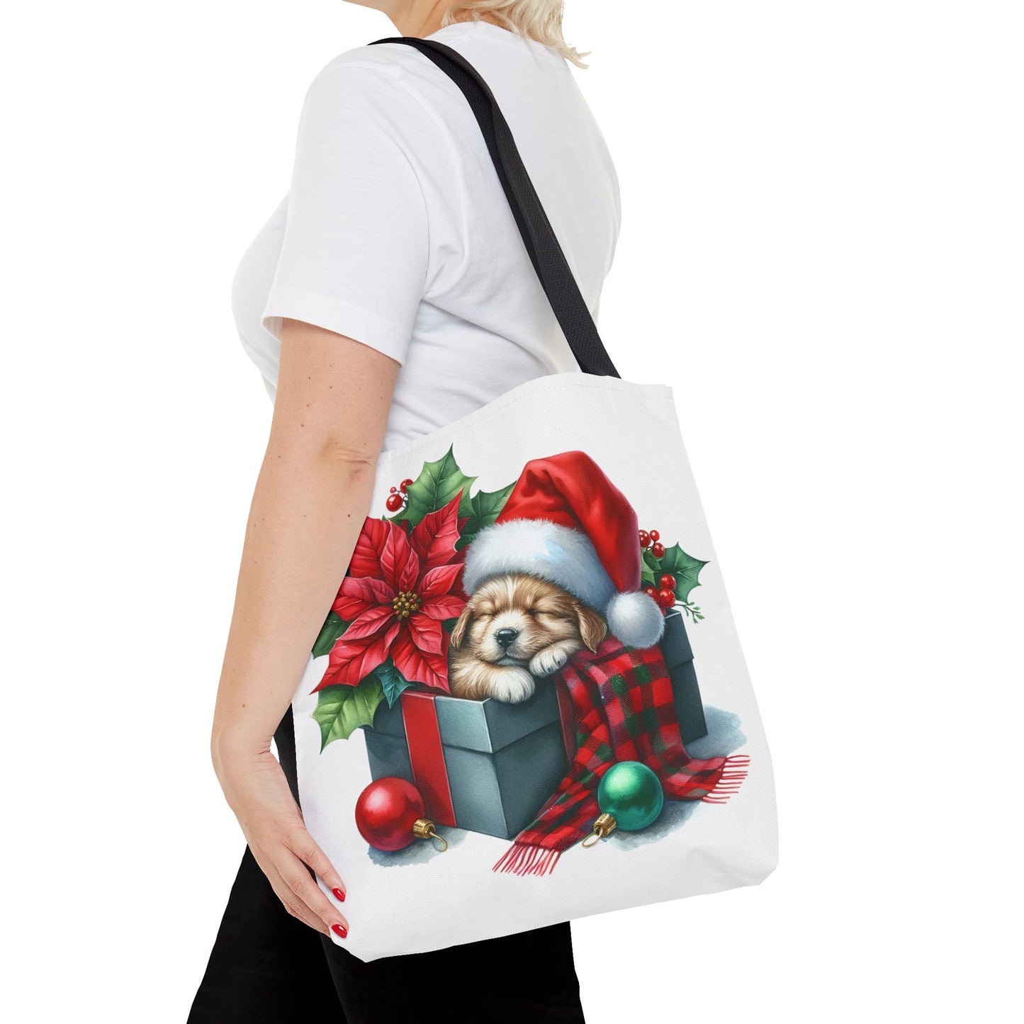 🎁 Sleeping Puppy in Gift Box Christmas Tote – Cozy Holiday Charm for Dog Lovers 🐾