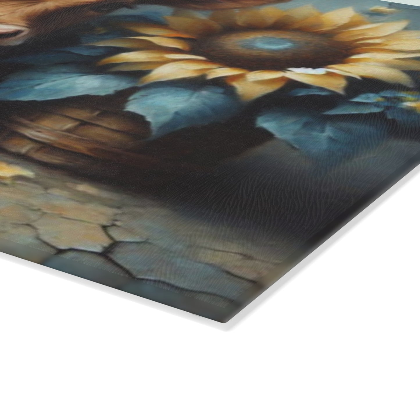 🌻 Sunflower Calf Glass Cutting Board – Rustic Farmhouse Charm for Your Kitchen