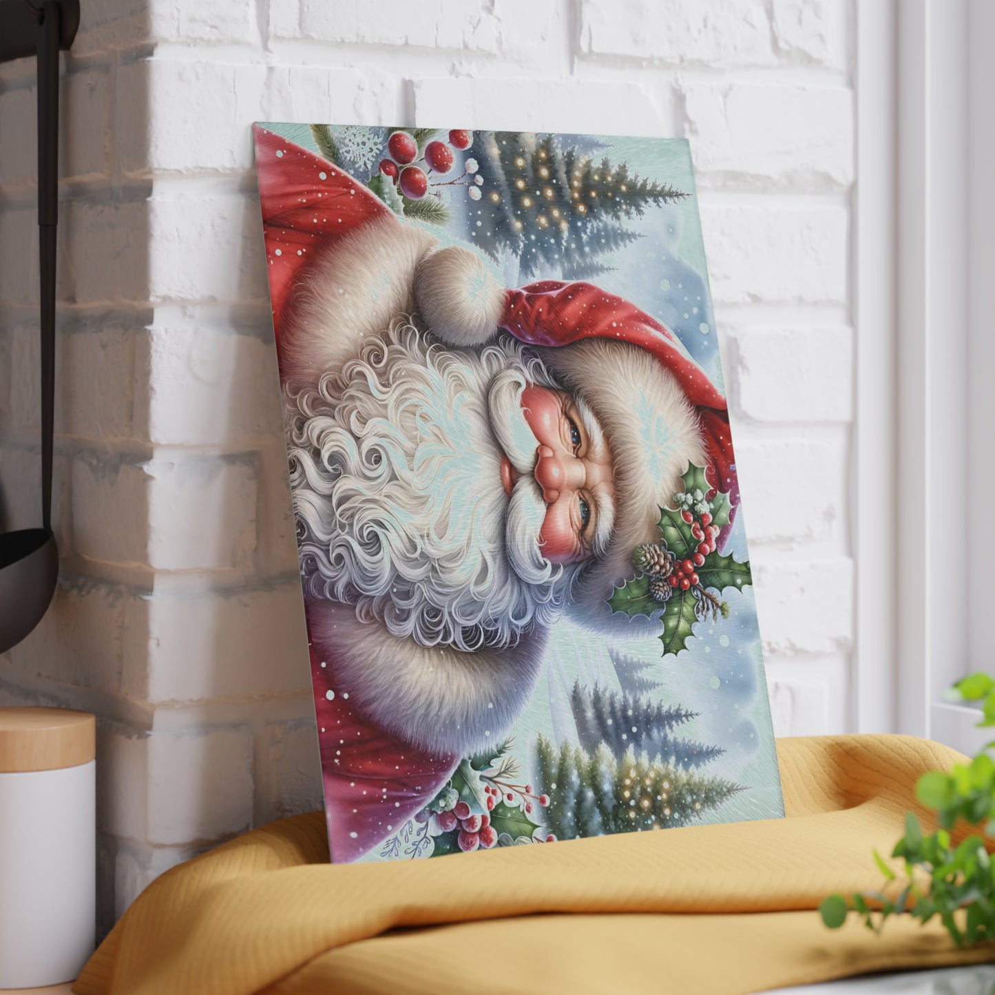🎅✨ “Jolly Santa in the Pines” Glass Cutting Board – Cozy Charm for Your Kitchen