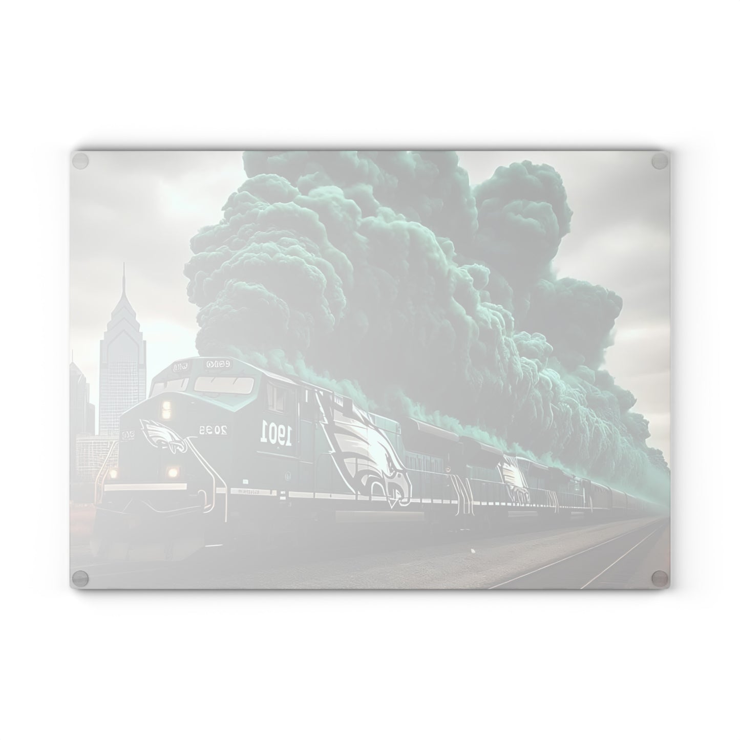 Tabla de cortar de vidrio Express verde oscuro y plateado: arte de tren con un toque atrevido para cocinas atemporales y audaces