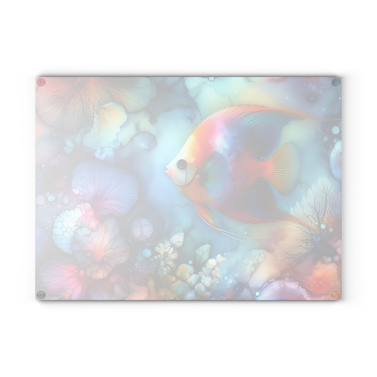 Tabla de cortar de vidrio con diseño de peces tropicales: arte oceánico con acuarela vibrante para exhibir en la cocina