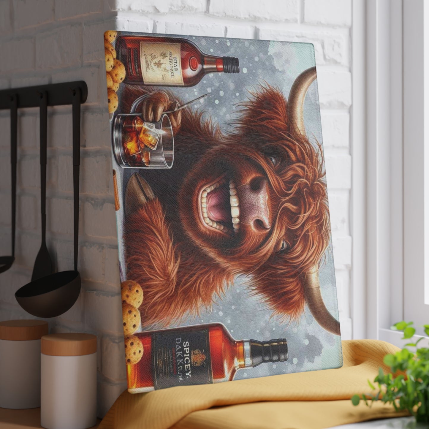 Tabla de cortar de vaca de las Tierras Altas, tabla de cortar de vidrio templado, tabla de charcutería, tabla de cortar, regalo de inauguración de la casa, tabla de cortar personalizada