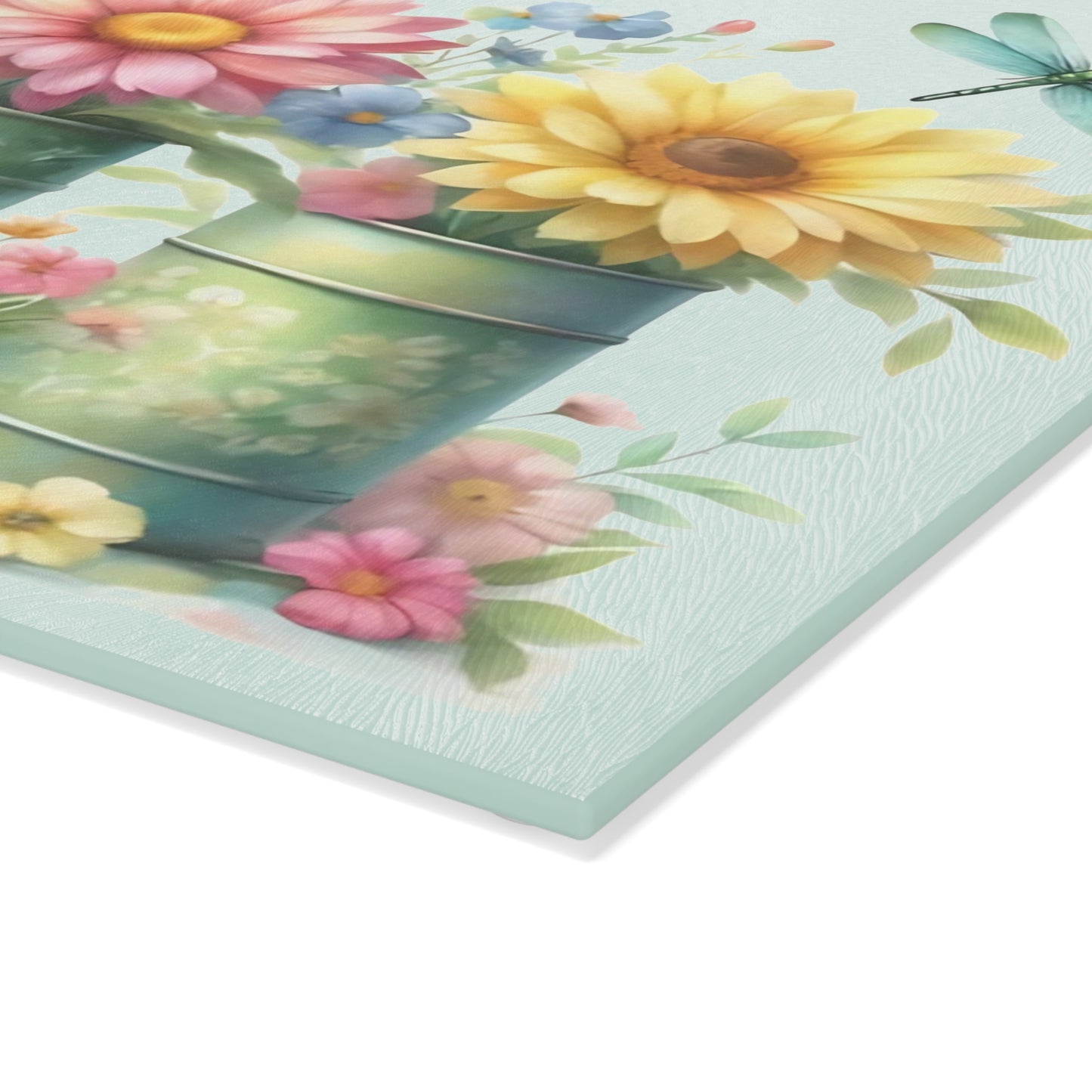 🌾 Dos libélulas con jarrones rústicos y flores silvestres – Tabla de cortar de vidrio con encanto campestre