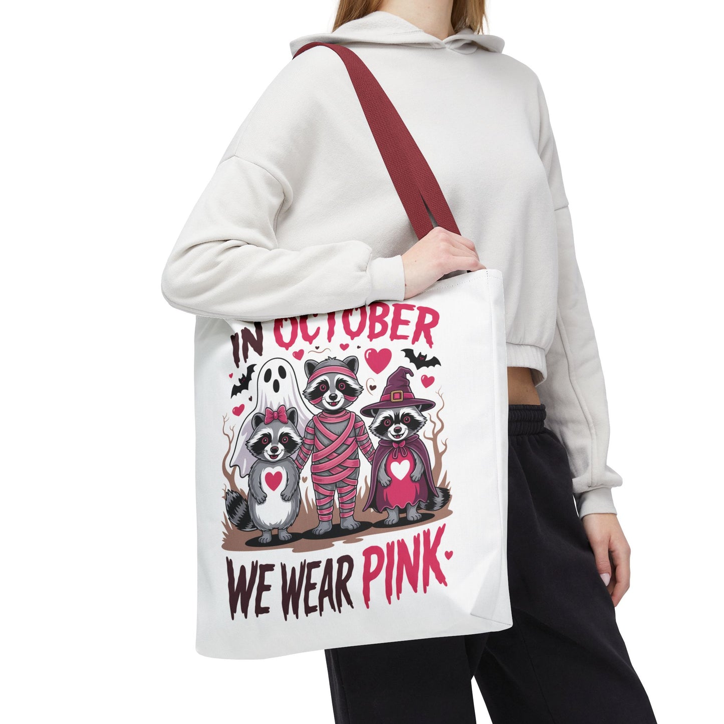 🎀 In October We Wear Pink Raccoon Halloween Tote Bag – Spooky Cute Awareness Style 🦝👜