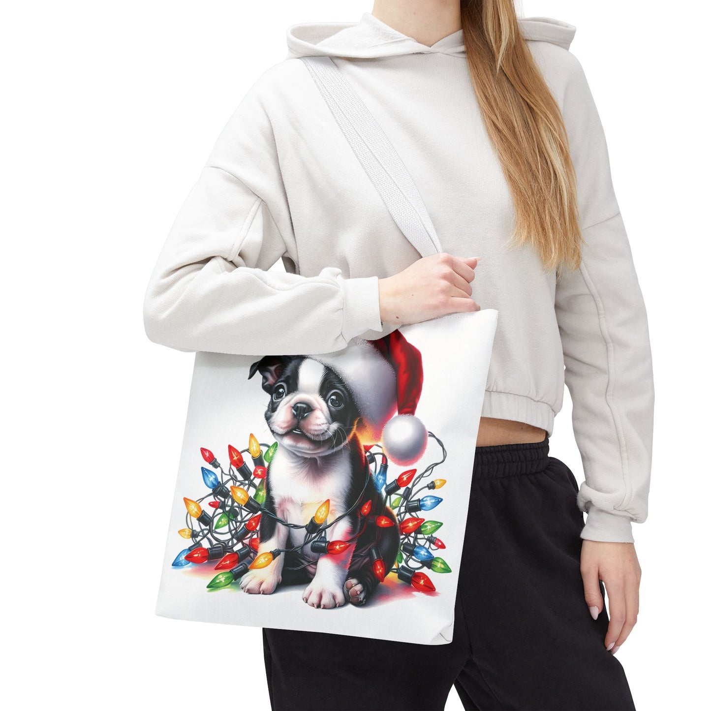 👜 Boston Terrier Christmas Lights Tote Bag – Holiday Sparkle Meets Puppy Love 🎄