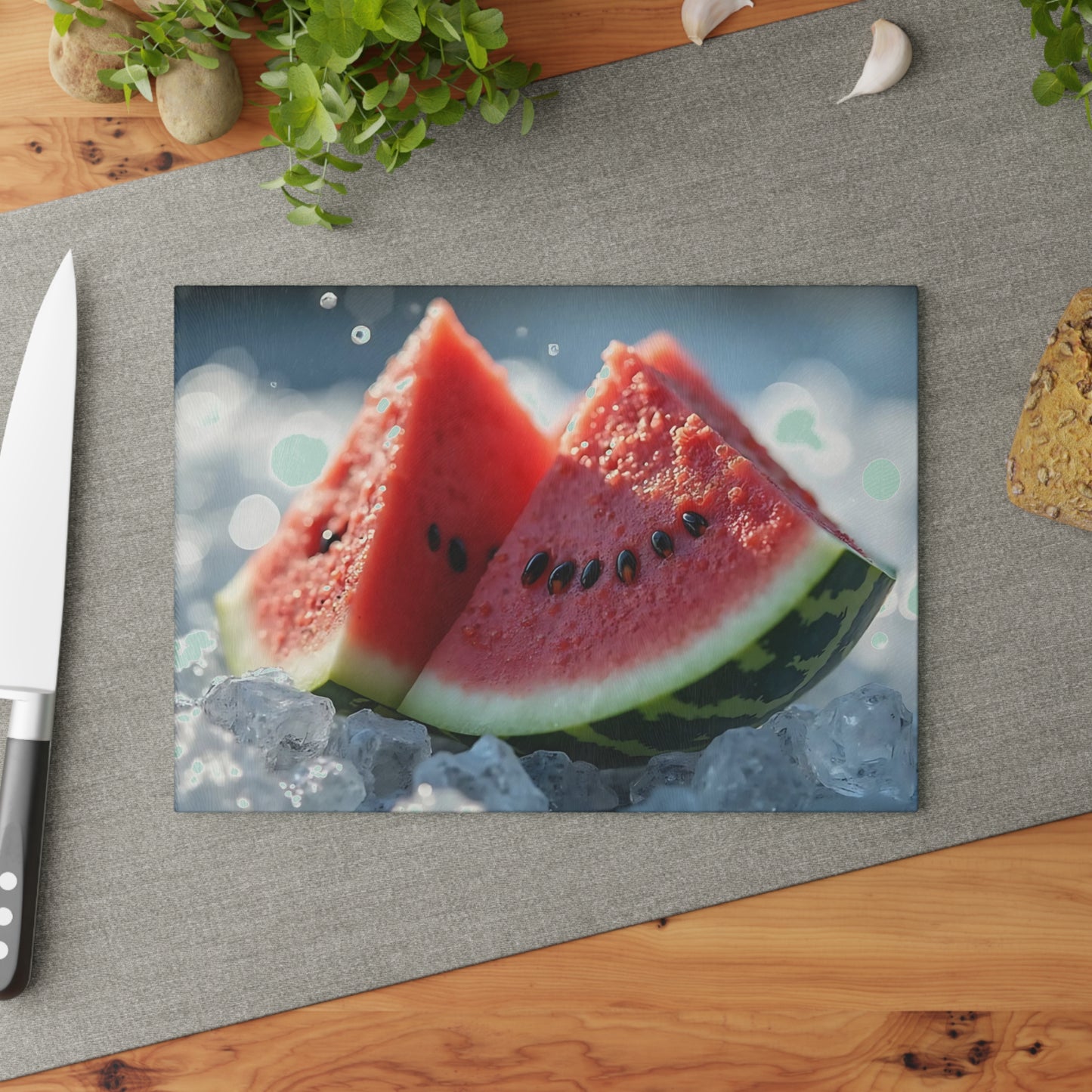 Tabla de cortar de vidrio con rodajas de sandía sobre hielo: una refrescante decoración de cocina de verano, un vibrante regalo con temática frutal.