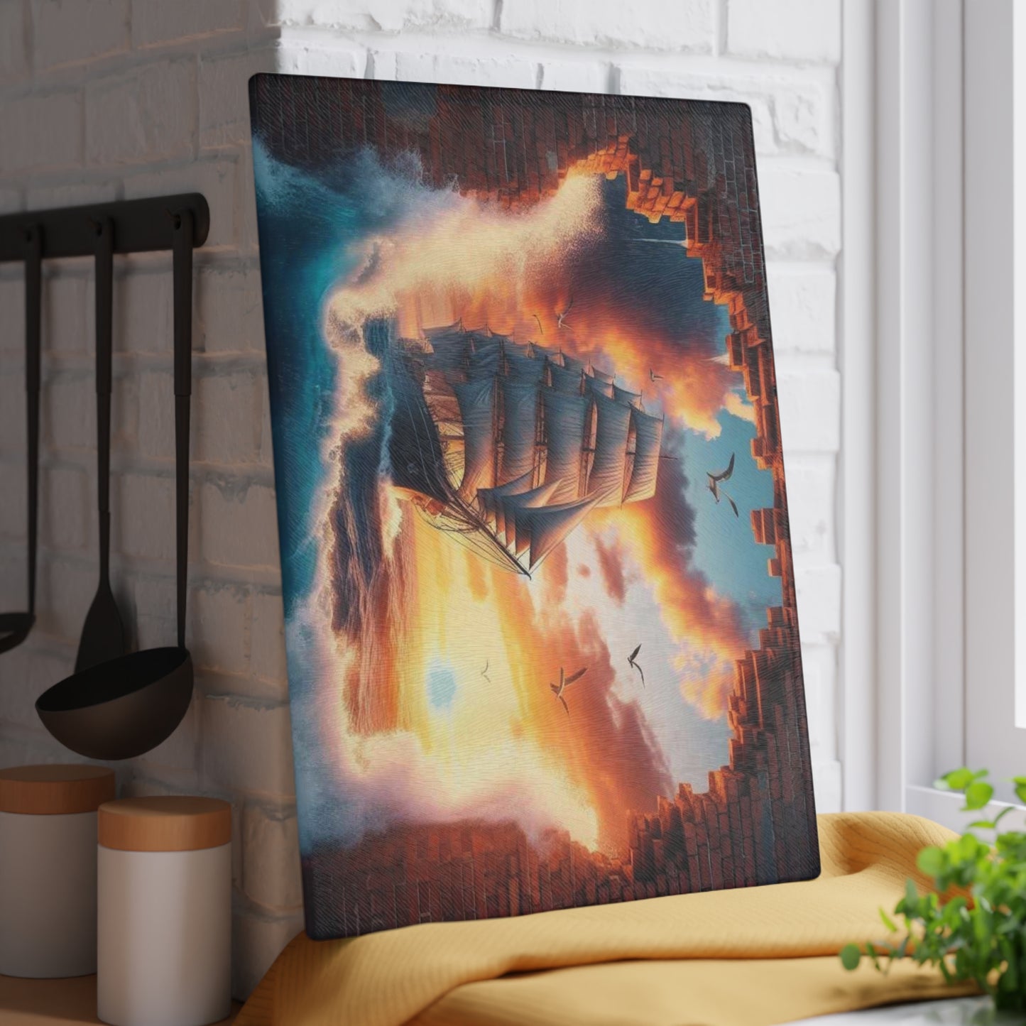 Tabla de cortar de vidrio templado de un majestuoso velero que atraviesa una pared de ladrillos desmoronada