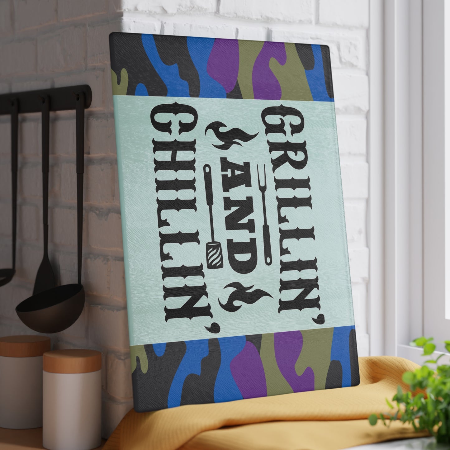 Tabla de cortar de vidrio GRILLIN AND CHILLIN – Estilo camuflaje para preparar barbacoa 🍔