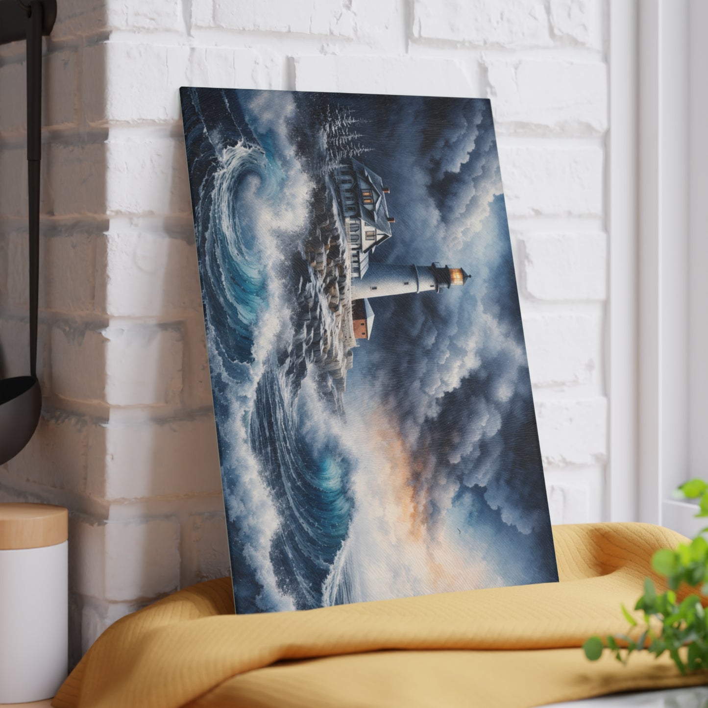 Storm watch Lighthouse Glass Cutting Board – Dramatic Coastal Ocean Art