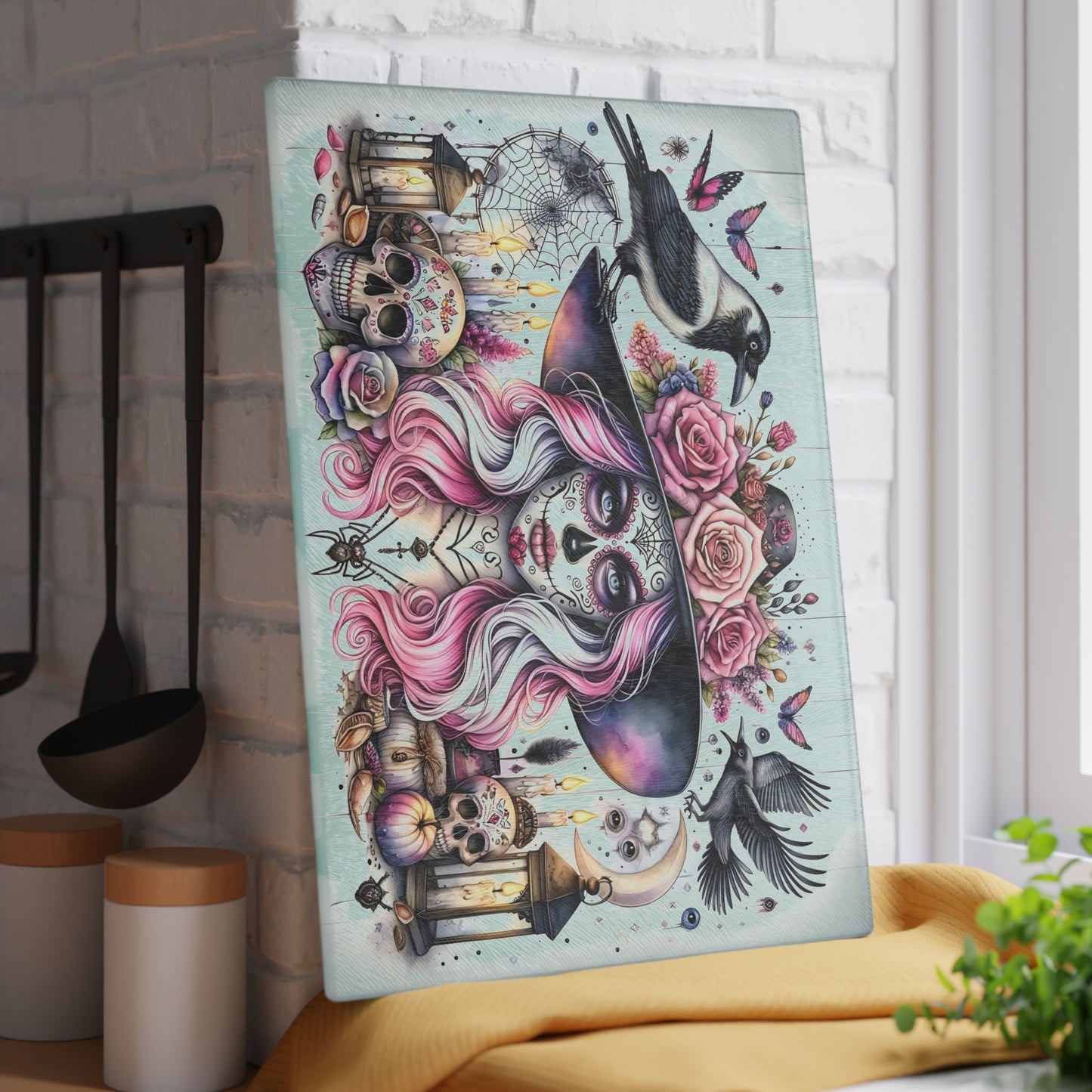 💀🌸 Enchanting Sugar Skull Witch Cutting Board – Mystical Elegance for Your Kitchen 🌙🕯️