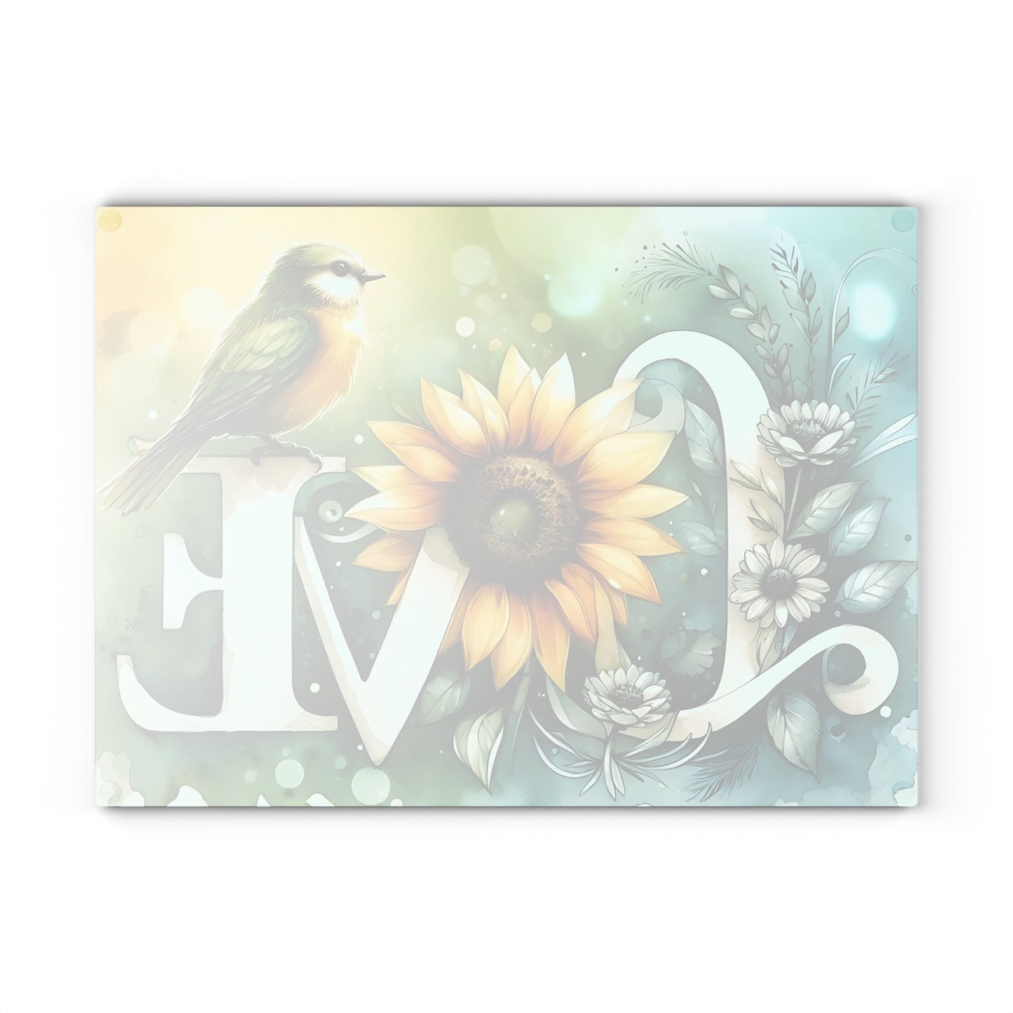Tabla de cortar, diseño de amor con pájaros y girasoles, decoración de cocina, bandeja de vidrio para servir, regalo de inauguración de la casa, utensilio de cocina
