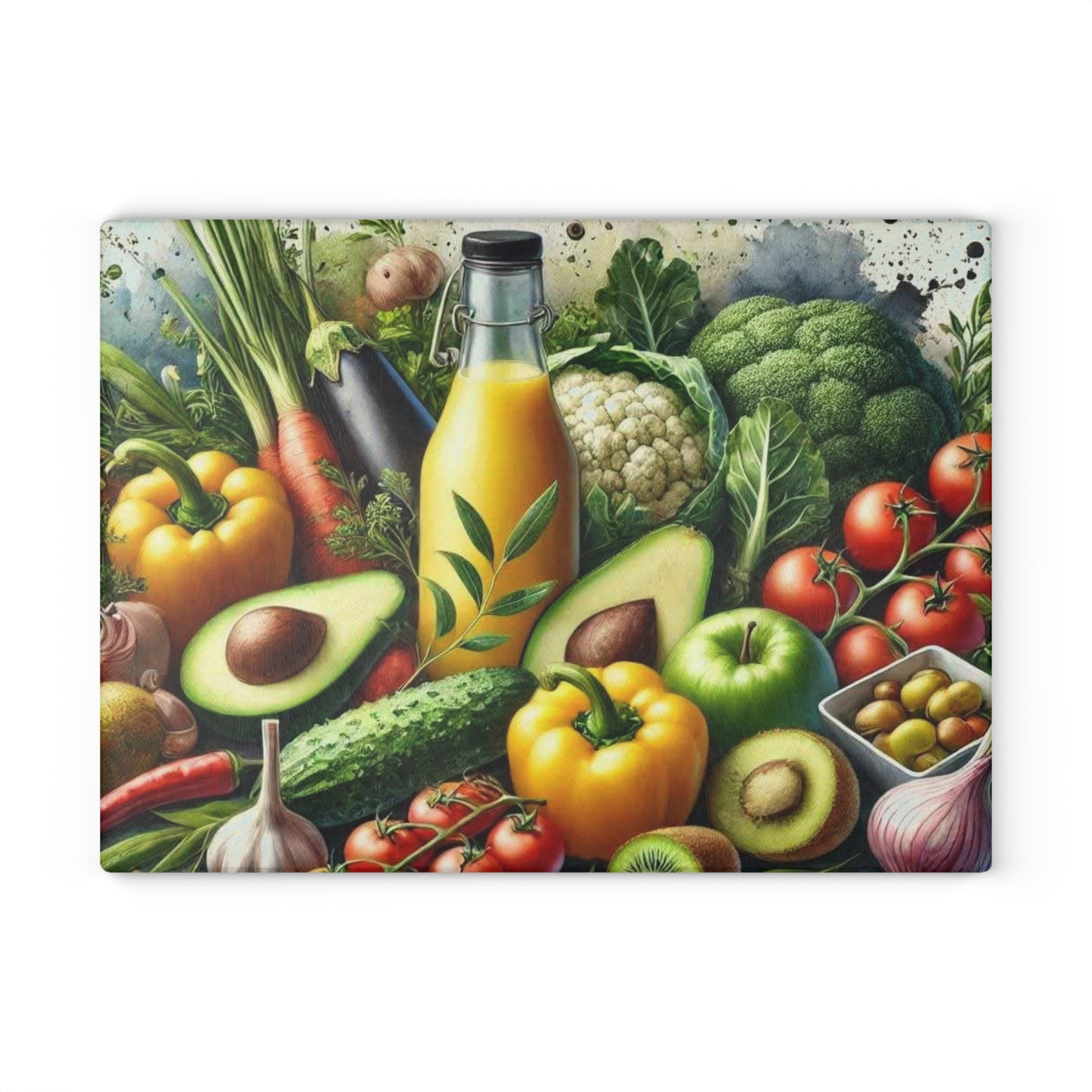Tabla de cortar de vidrio templado para verduras con una vibrante variedad de verduras frescas