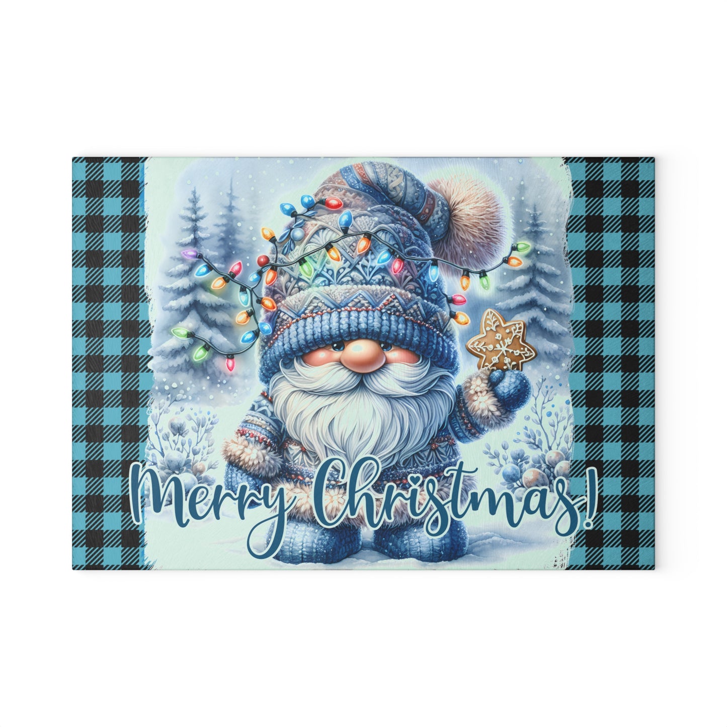 🎄 Blue Plaid Christmas Gnome Cutting Board – Cozy Holiday Charm with Festive Lights & Gingerbread Magic ❄️