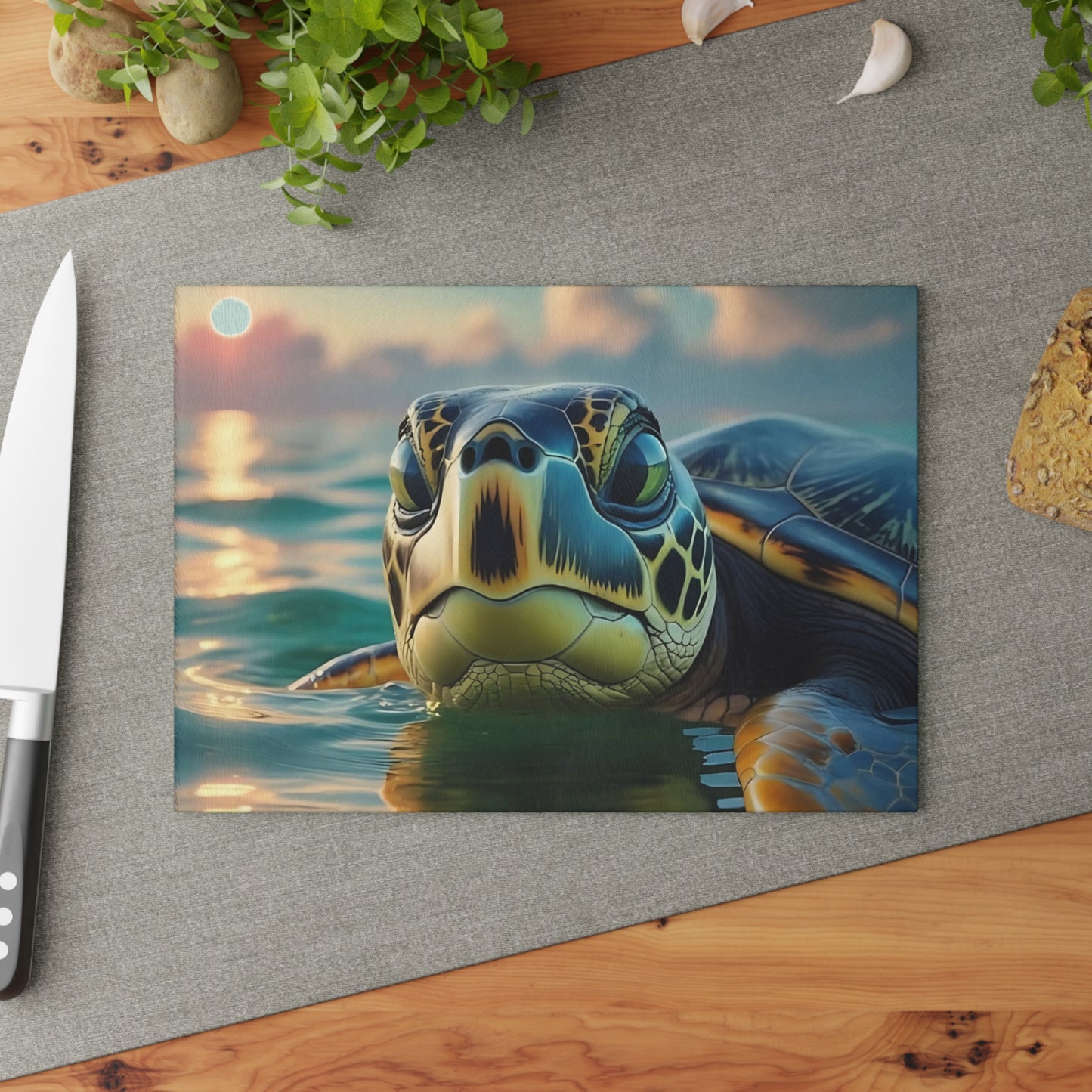 Tabla de cortar de vidrio con diseño de tortuga marina | Decoración de cocina con ambiente costero y oceánico