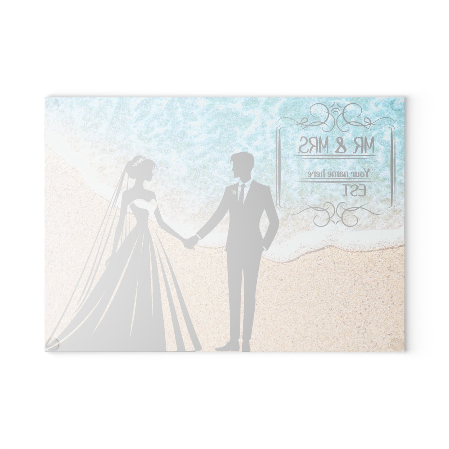 Tabla de cortar para novios en la playa: recuerdo personalizado de boda en la playa con apellido y año