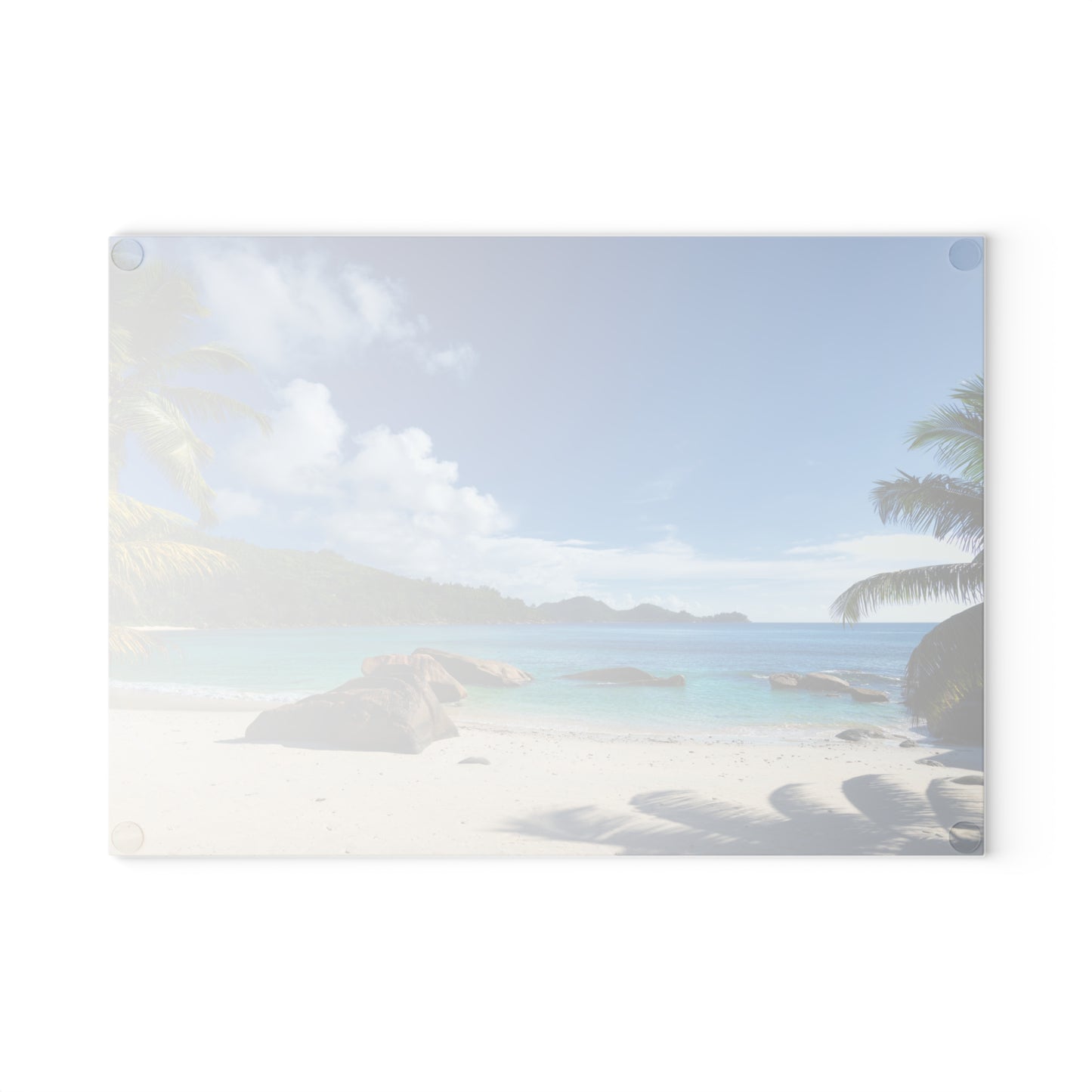 Tabla de cortar de vidrio con diseño de playa y palmeras – Decoración de cocina costera
