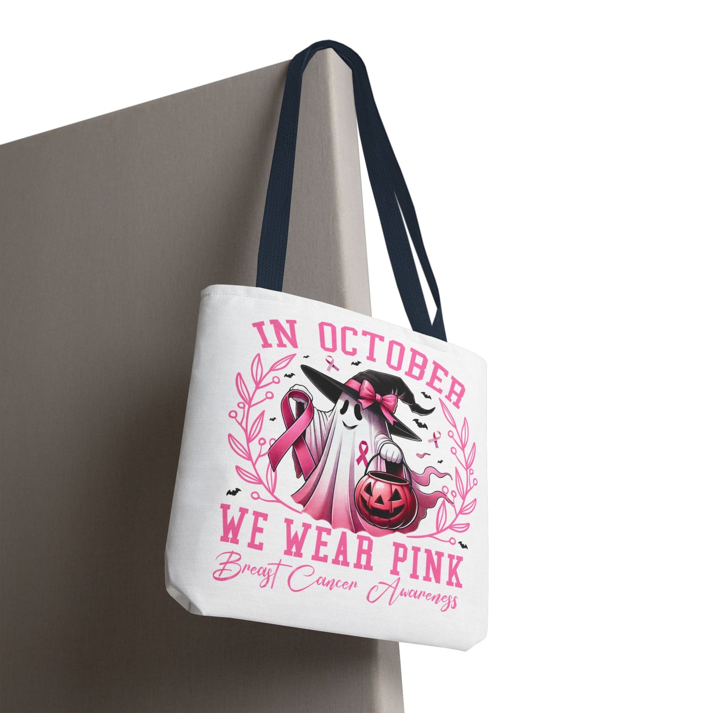 🎀 In October We Wear Pink Tote Bag – Breast Cancer Awareness with Spooky Charm 🎃