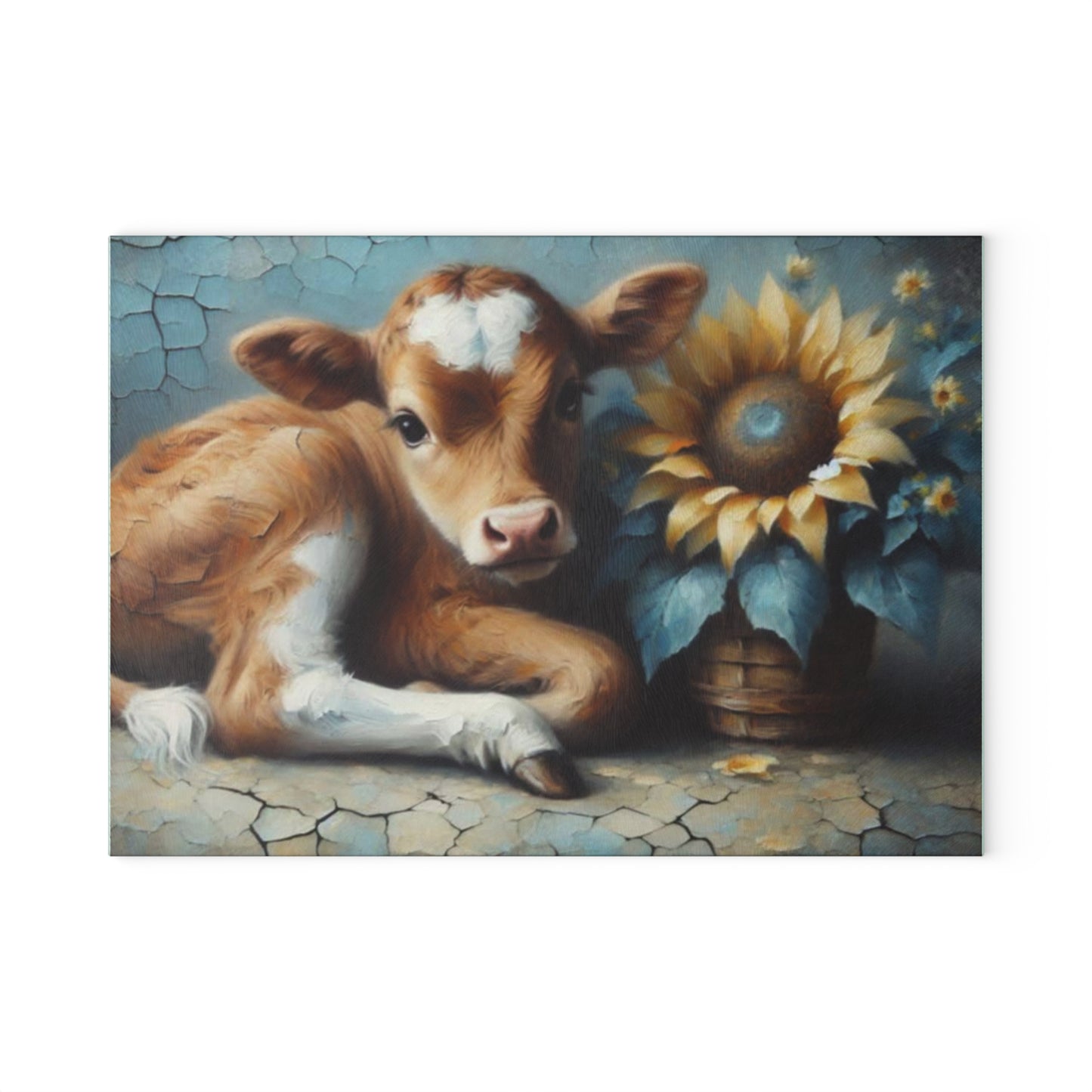 🌻 Sunflower Calf Glass Cutting Board – Rustic Farmhouse Charm for Your Kitchen