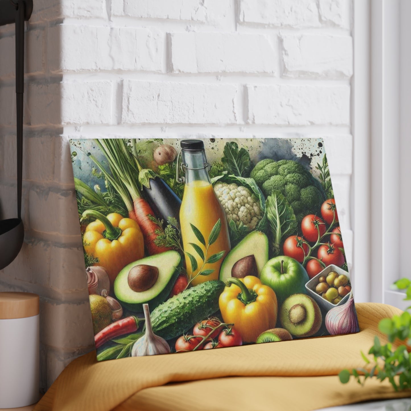 Tabla de cortar de vidrio templado para verduras con una vibrante variedad de verduras frescas