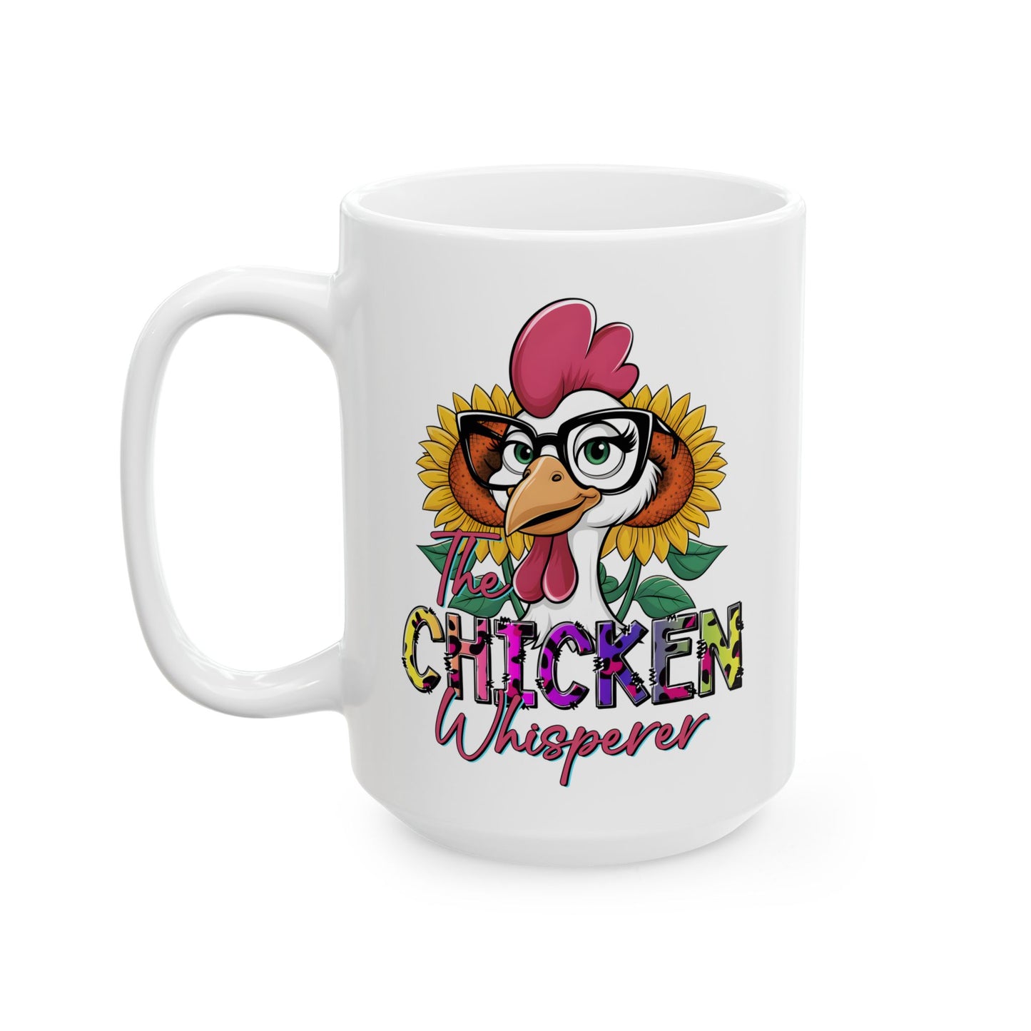 Taza de El Susurrador de Pollos: Estilo rústico divertido con girasoles